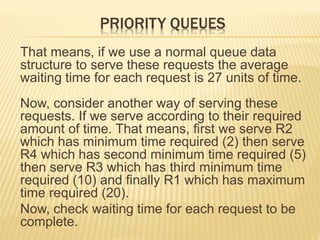 PRIORITY QUEUES
That means, if we use a normal queue data
structure to serve these requests the average
waiting time for each request is 27 units of time.
Now, consider another way of serving these
requests. If we serve according to their required
amount of time. That means, first we serve R2
which has minimum time required (2) then serve
R4 which has second minimum time required (5)
then serve R3 which has third minimum time
required (10) and finally R1 which has maximum
time required (20).
Now, check waiting time for each request to be
complete.
 