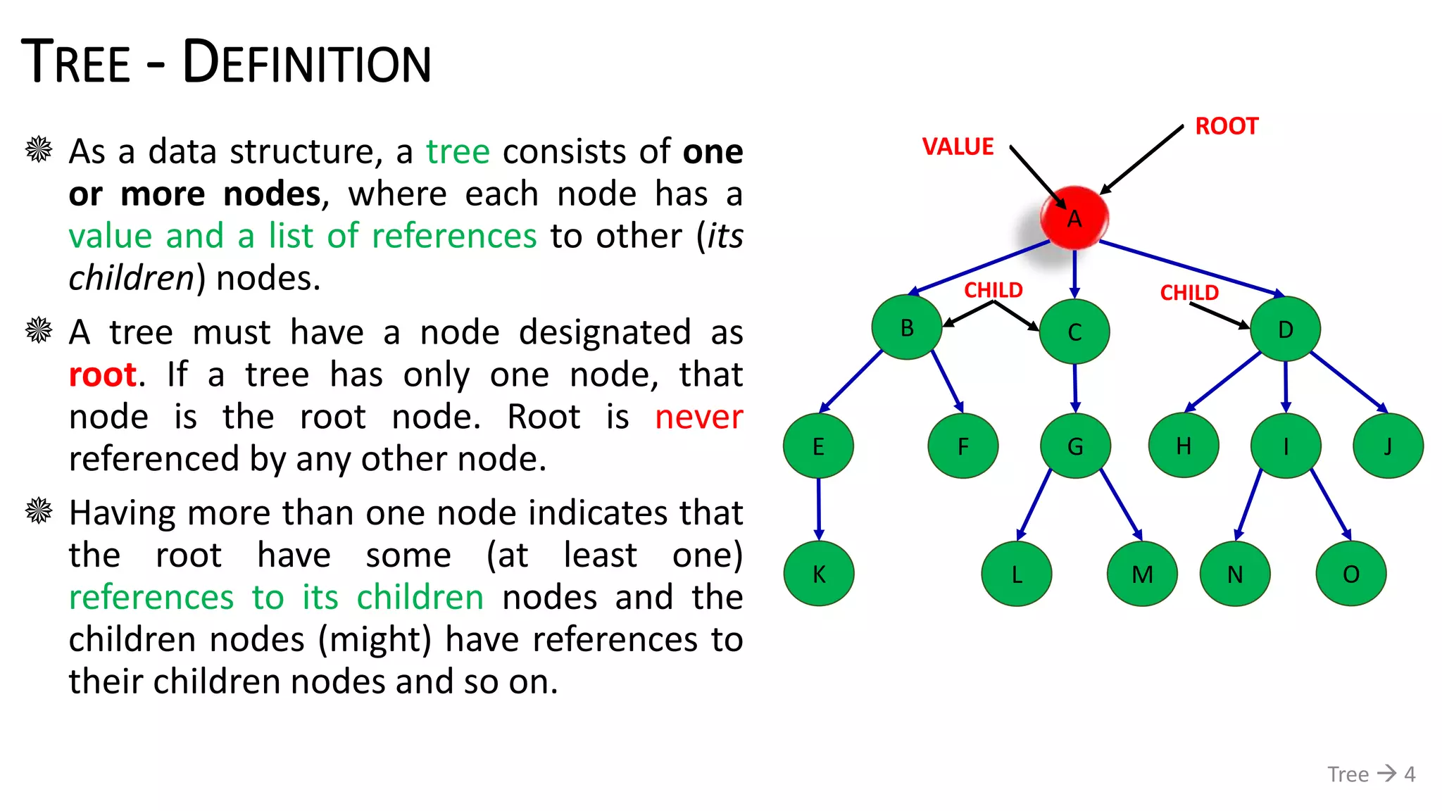TREE - DEFINITION
 As a data structure, a tree consists of one
or more nodes, where each node has a
value and a list of references to other (its
children) nodes.
 A tree must have a node designated as
root. If a tree has only one node, that
node is the root node. Root is never
referenced by any other node.
 Having more than one node indicates that
the root have some (at least one)
references to its children nodes and the
children nodes (might) have references to
their children nodes and so on.
Tree  4
A
B C D
E F JIHG
K ML ON
ROOT
VALUE
CHILDCHILD
 