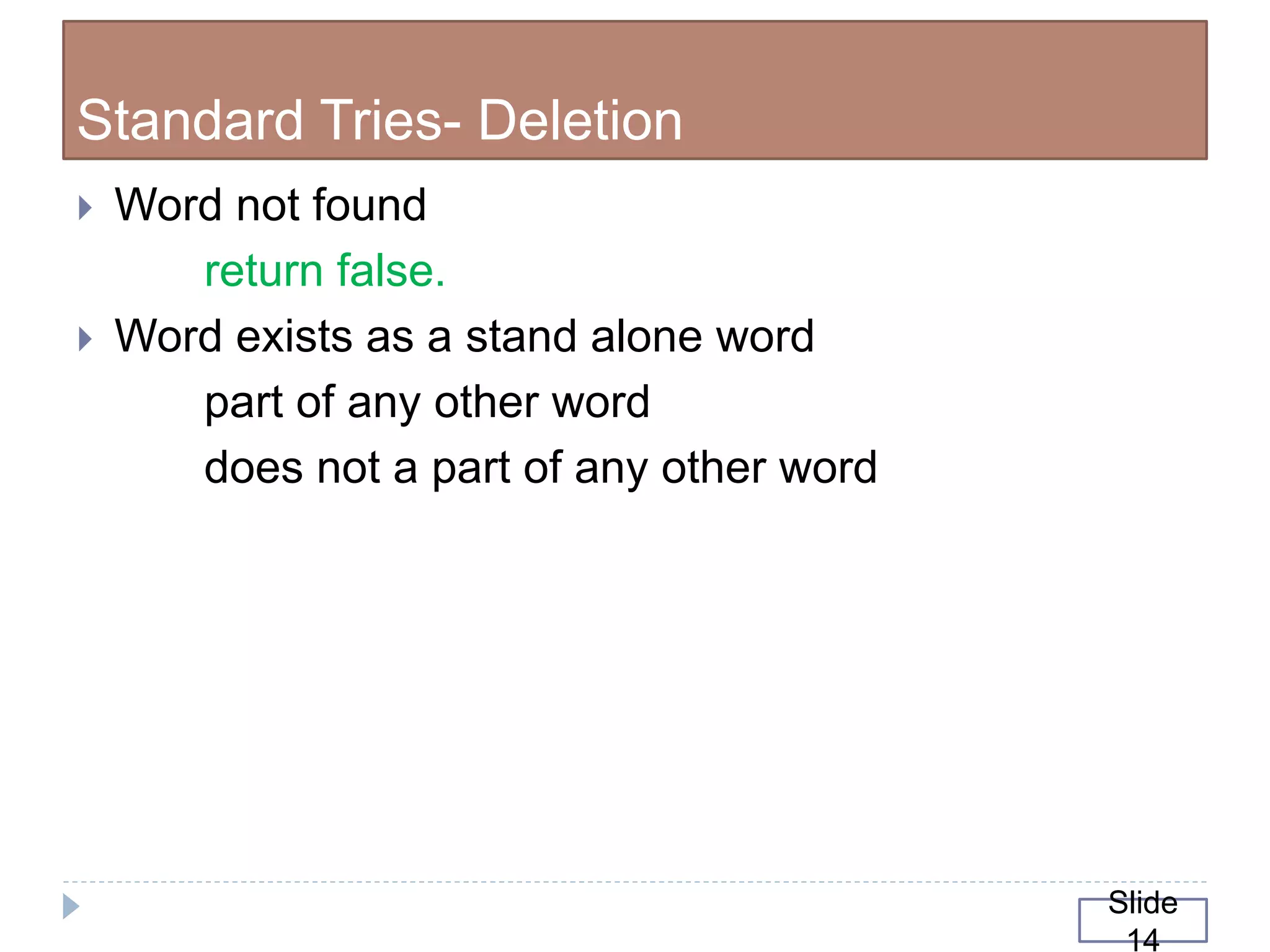 Standard Tries- Deletion
 Word not found
return false.
 Word exists as a stand alone word
part of any other word
does not a part of any other word
Slide
14
 