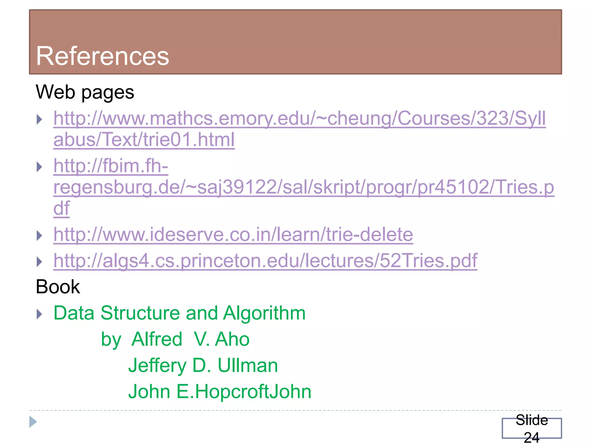 References
Web pages
 http://www.mathcs.emory.edu/~cheung/Courses/323/Syll
abus/Text/trie01.html
 http://fbim.fh-
regensburg.de/~saj39122/sal/skript/progr/pr45102/Tries.p
df
 http://www.ideserve.co.in/learn/trie-delete
 http://algs4.cs.princeton.edu/lectures/52Tries.pdf
Book
 Data Structure and Algorithm
by Alfred V. Aho
Jeffery D. Ullman
John E.HopcroftJohn
Slide
24
 