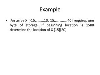 Example
• An array X [-15……….10, 15……………40] requires one
byte of storage. If beginning location is 1500
determine the location of X [15][20].
 