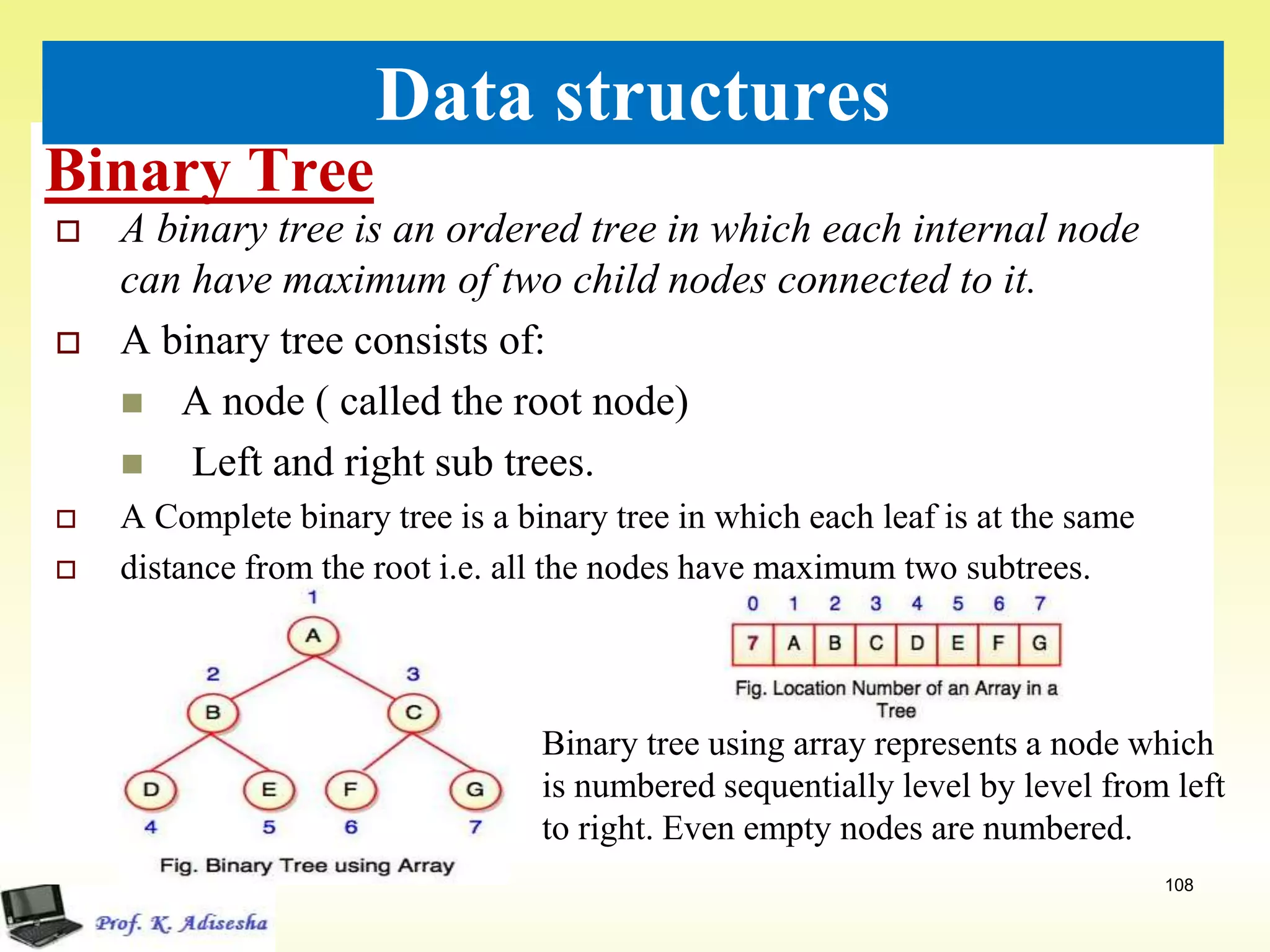 Binary Tree
108
Data structures
 A binary tree is an ordered tree in which each internal node
can have maximum of two child nodes connected to it.
 A binary tree consists of:
 A node ( called the root node)
 Left and right sub trees.
 A Complete binary tree is a binary tree in which each leaf is at the same
 distance from the root i.e. all the nodes have maximum two subtrees.
Binary tree using array represents a node which
is numbered sequentially level by level from left
to right. Even empty nodes are numbered.
 