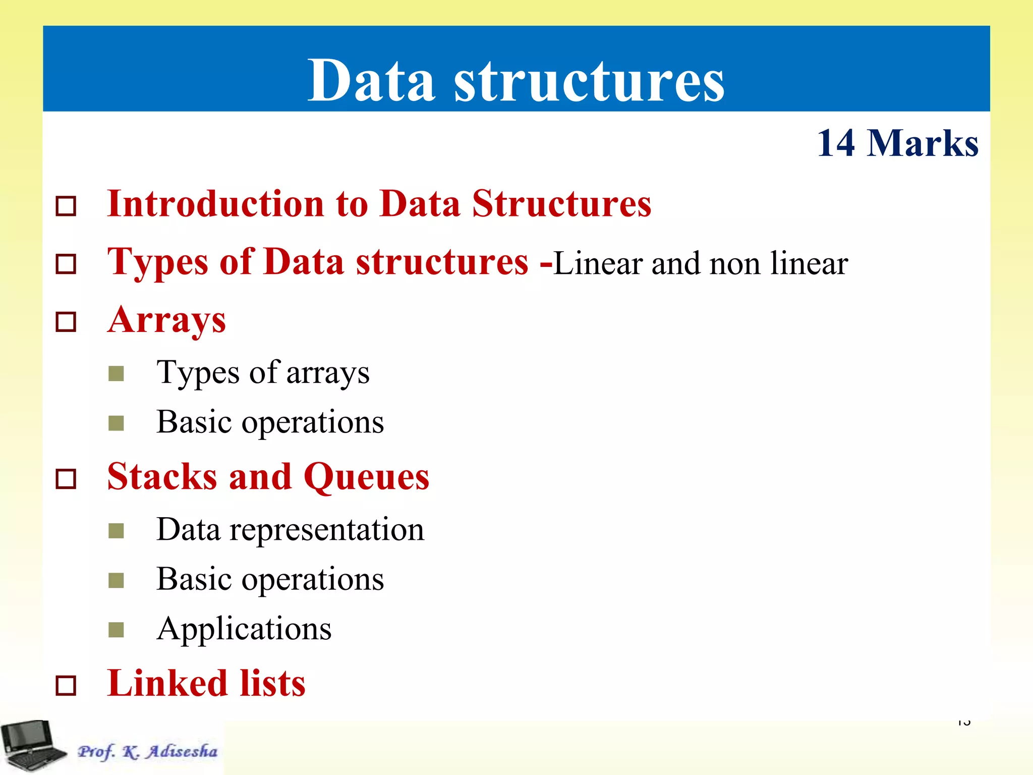 Data structures
14 Marks
13
 Introduction to Data Structures
 Types of Data structures -Linear and non linear
 Arrays
 Types of arrays
 Basic operations
 Stacks and Queues
 Data representation
 Basic operations
 Applications
 Linked lists
 
