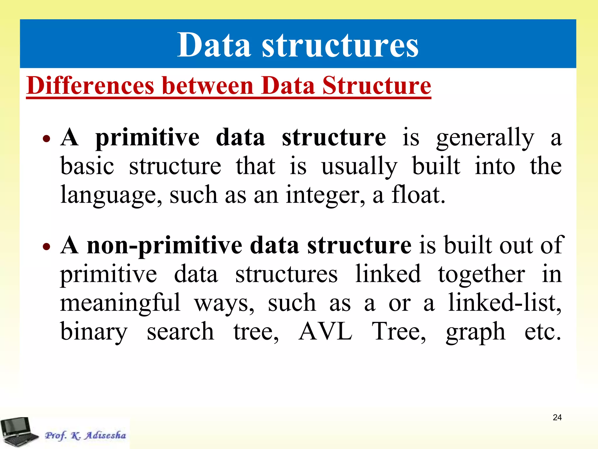 Differences between Data Structure
24
Data structures
 A primitive data structure is generally a
basic structure that is usually built into the
language, such as an integer, a float.
 A non-primitive data structure is built out of
primitive data structures linked together in
meaningful ways, such as a or a linked-list,
binary search tree, AVL Tree, graph etc.
 
