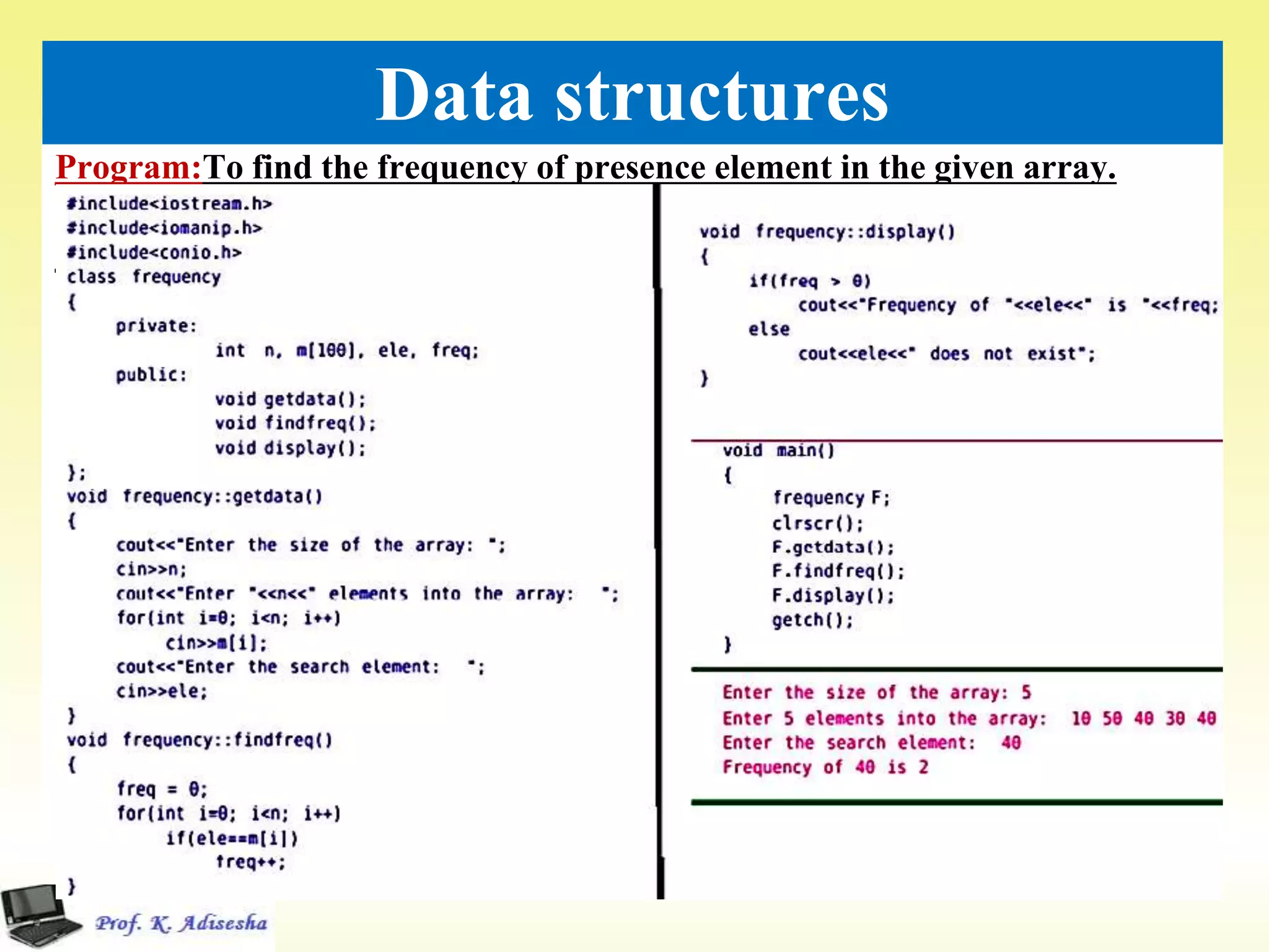 Program:To find the frequency of presence element in the given array.
32
Data structures
 