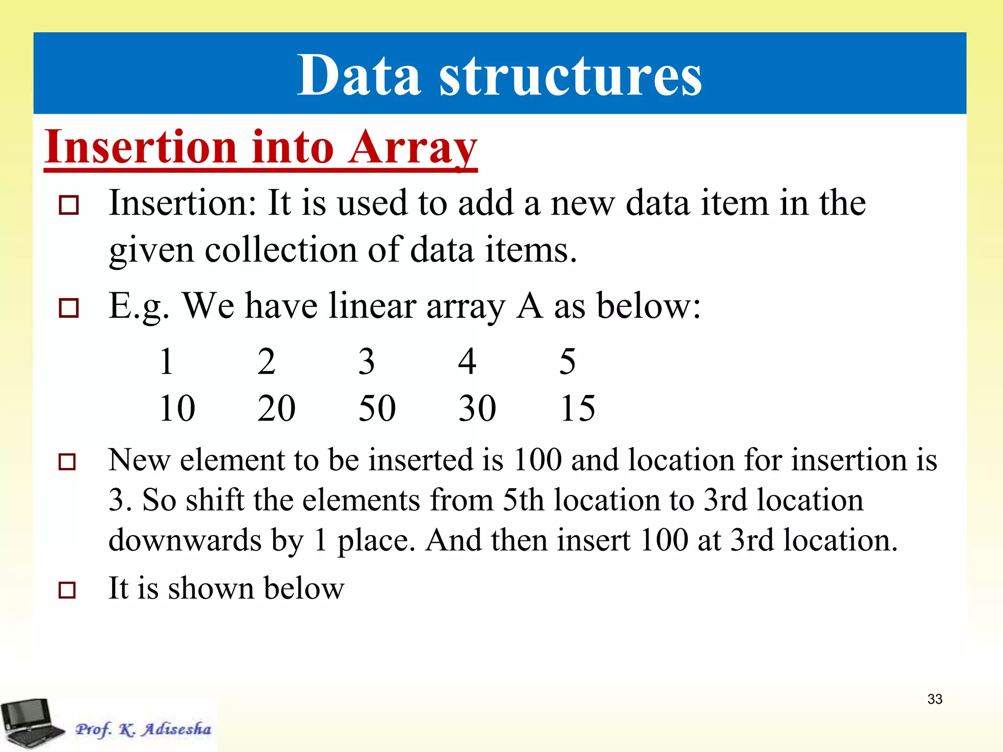 Insertion into Array
33
Data structures
 Insertion: It is used to add a new data item in the
given collection of data items.
 E.g. We have linear array A as below:
1 2 3 4 5
10 20 50 30 15
 New element to be inserted is 100 and location for insertion is
3. So shift the elements from 5th location to 3rd location
downwards by 1 place. And then insert 100 at 3rd location.
 It is shown below
 
