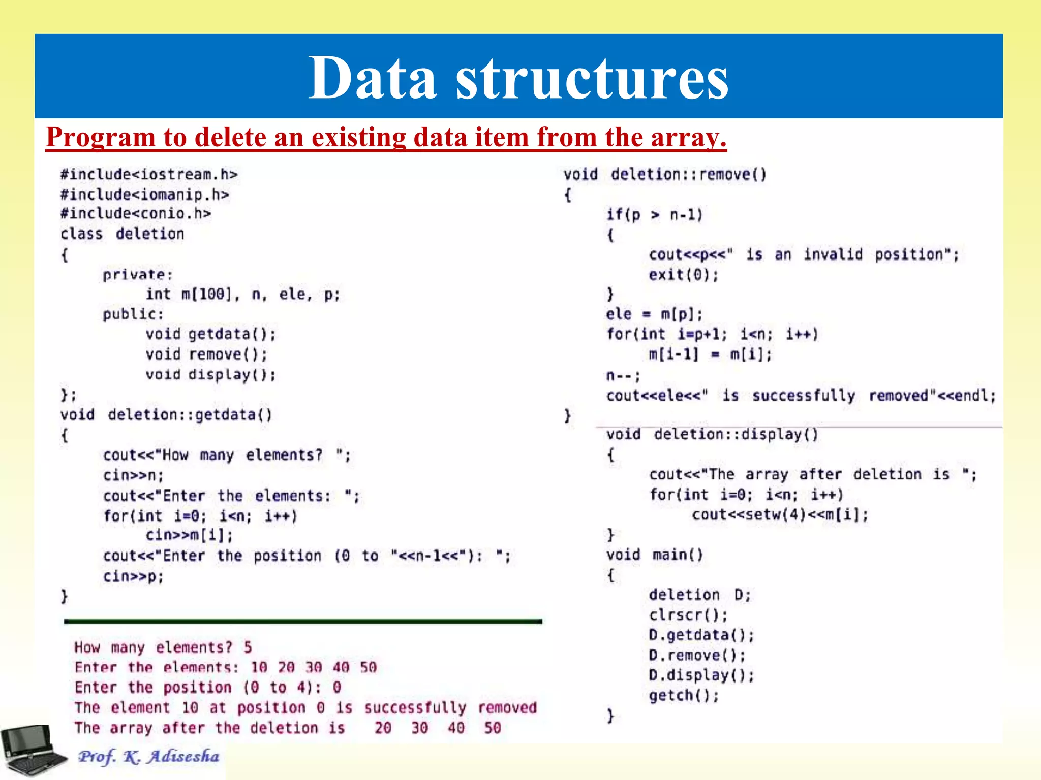 Program to delete an existing data item from the array.
37
Data structures
 