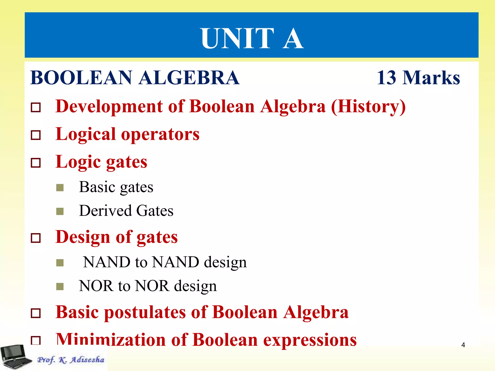 UNIT A
BOOLEAN ALGEBRA 13 Marks
 Development of Boolean Algebra (History)
 Logical operators
 Logic gates
 Basic gates
 Derived Gates
 Design of gates
 NAND to NAND design
 NOR to NOR design
 Basic postulates of Boolean Algebra
 Minimization of Boolean expressions 4
 