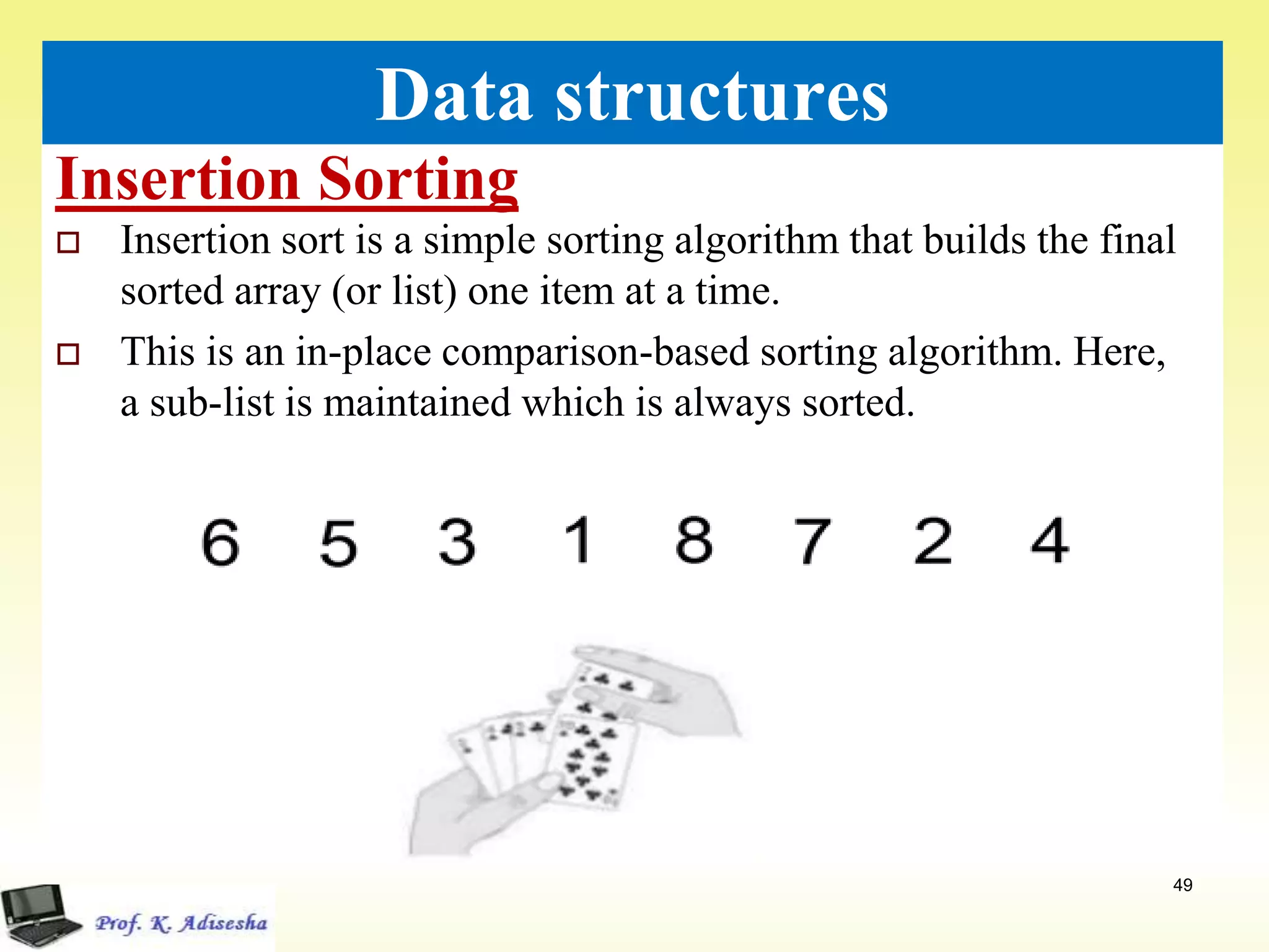 Insertion Sorting
49
Data structures
 Insertion sort is a simple sorting algorithm that builds the final
sorted array (or list) one item at a time.
 This is an in-place comparison-based sorting algorithm. Here,
a sub-list is maintained which is always sorted.
 