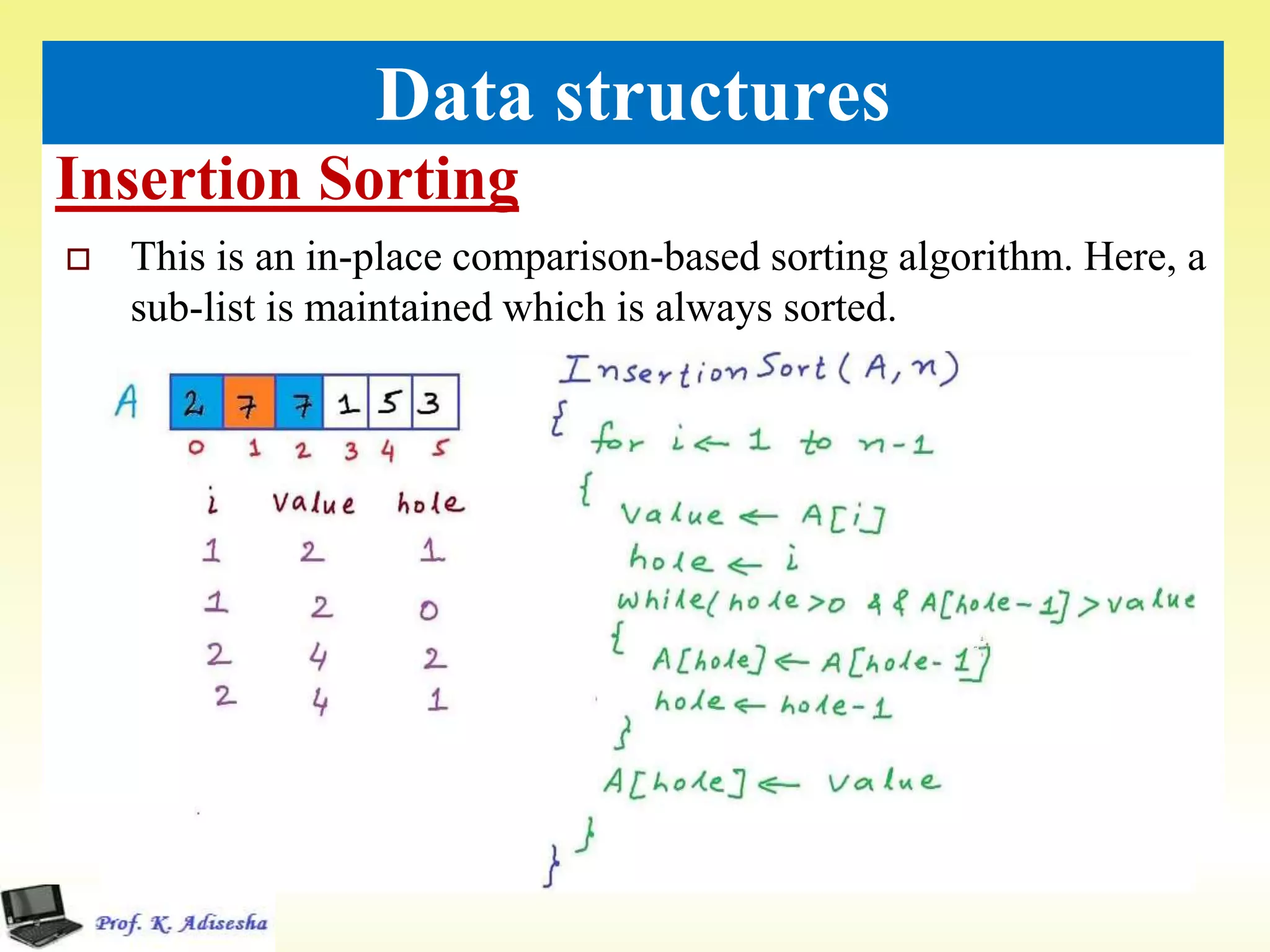 Insertion Sorting
50
Data structures
 This is an in-place comparison-based sorting algorithm. Here, a
sub-list is maintained which is always sorted.
 