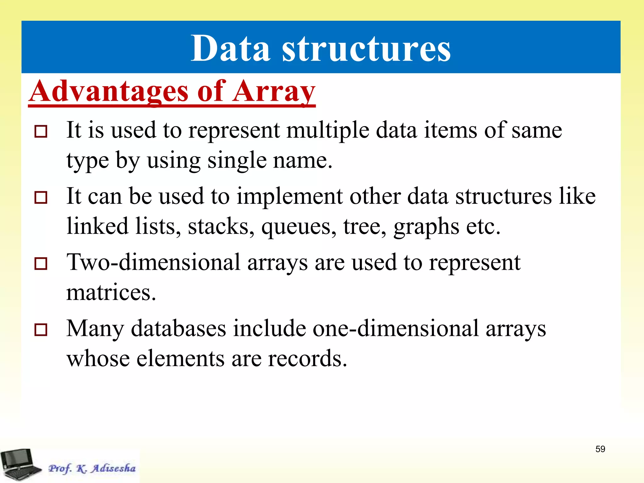 Advantages of Array
59
Data structures
 It is used to represent multiple data items of same
type by using single name.
 It can be used to implement other data structures like
linked lists, stacks, queues, tree, graphs etc.
 Two-dimensional arrays are used to represent
matrices.
 Many databases include one-dimensional arrays
whose elements are records.
 