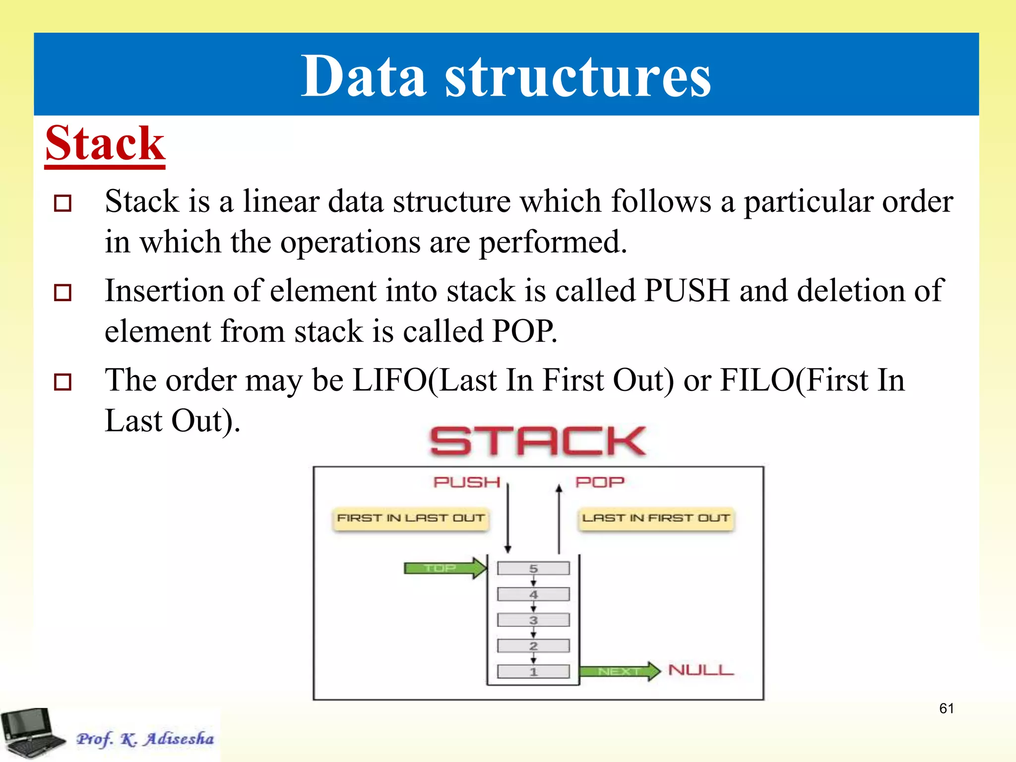 Stack
61
Data structures
 Stack is a linear data structure which follows a particular order
in which the operations are performed.
 Insertion of element into stack is called PUSH and deletion of
element from stack is called POP.
 The order may be LIFO(Last In First Out) or FILO(First In
Last Out).
 