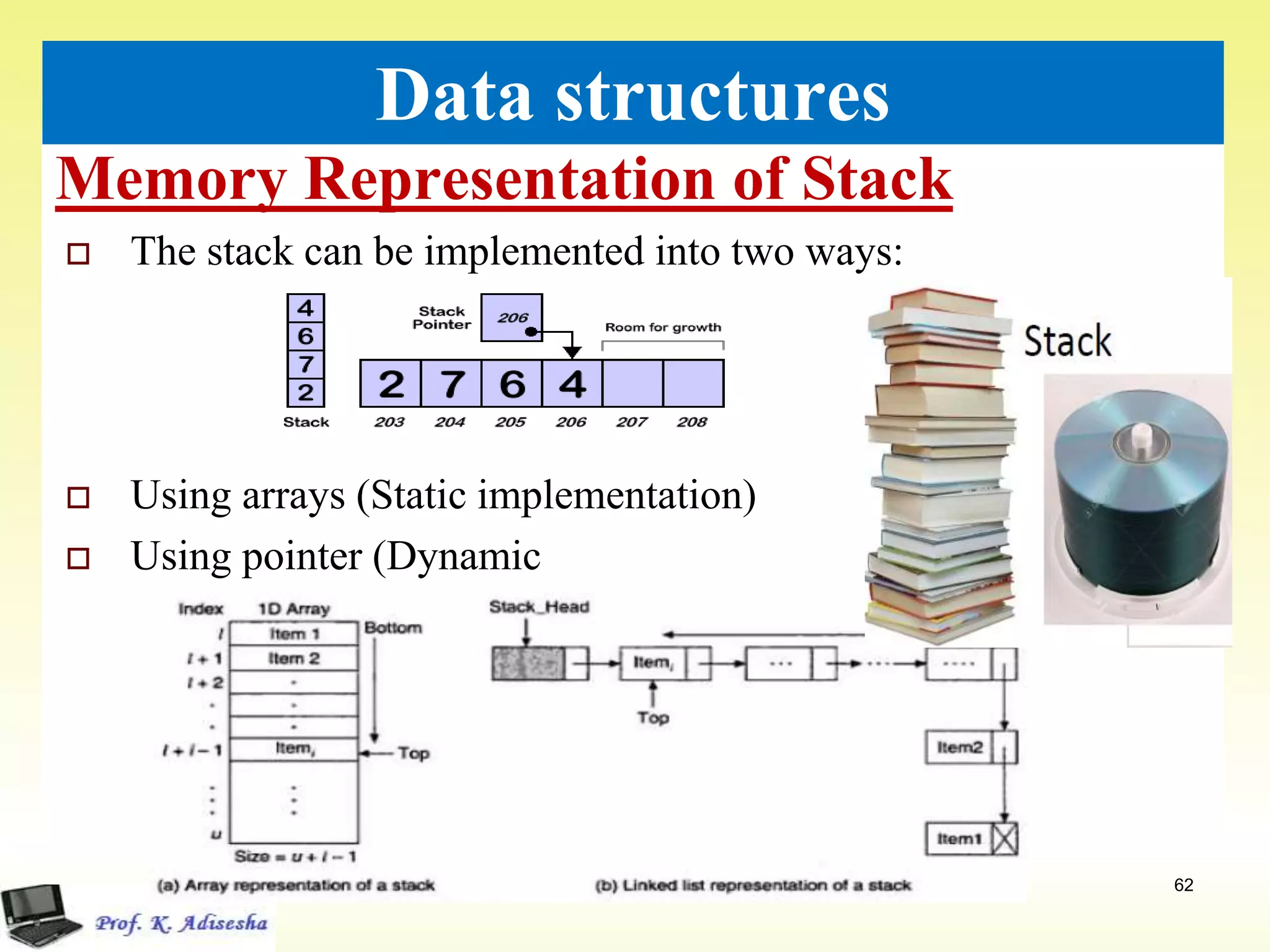 Memory Representation of Stack
62
Data structures
 The stack can be implemented into two ways:
 Using arrays (Static implementation)
 Using pointer (Dynamic
 