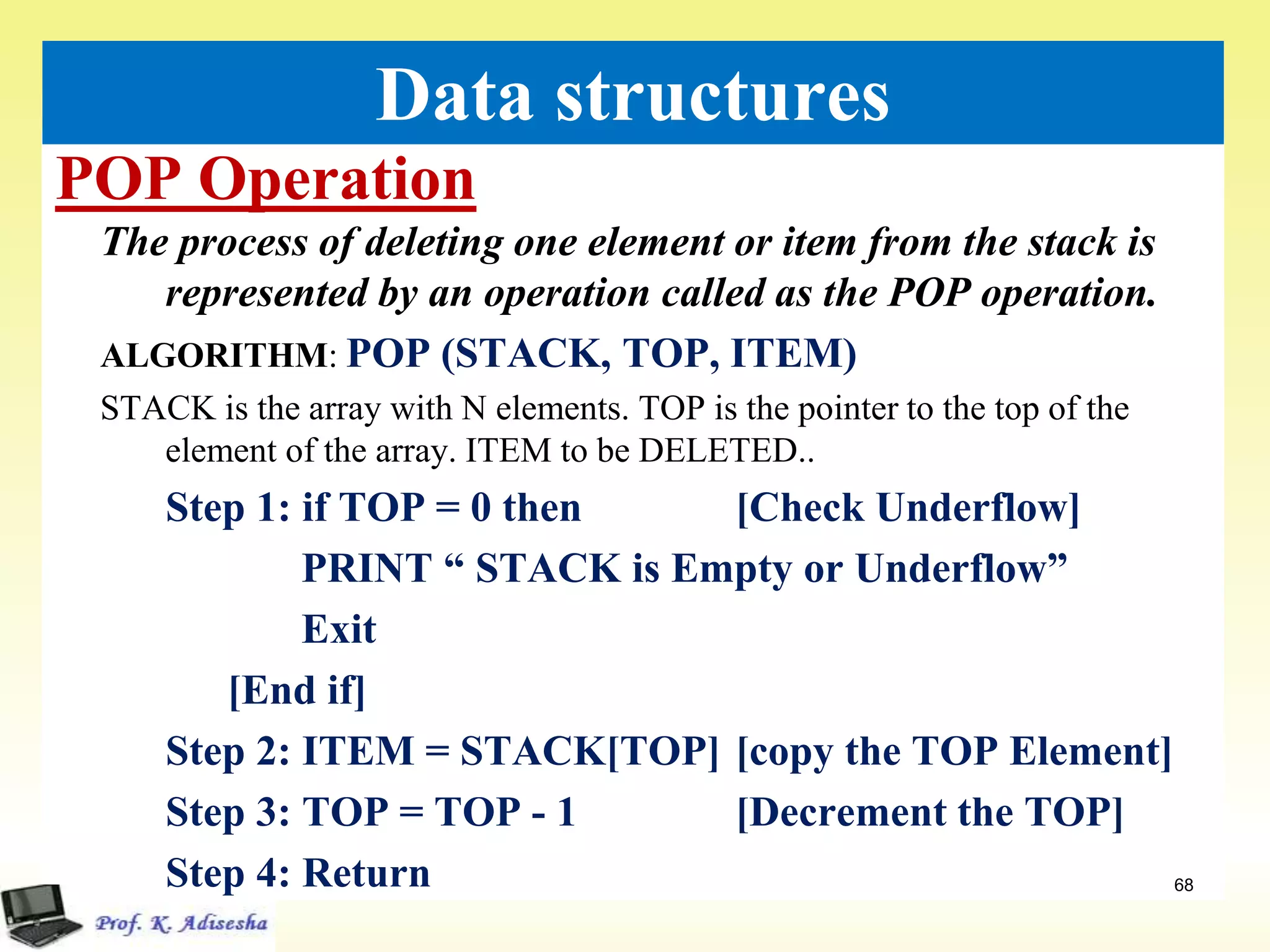 POP Operation
68
Data structures
The process of deleting one element or item from the stack is
represented by an operation called as the POP operation.
ALGORITHM: POP (STACK, TOP, ITEM)
STACK is the array with N elements. TOP is the pointer to the top of the
element of the array. ITEM to be DELETED..
Step 1: if TOP = 0 then [Check Underflow]
PRINT “ STACK is Empty or Underflow”
Exit
[End if]
Step 2: ITEM = STACK[TOP] [copy the TOP Element]
Step 3: TOP = TOP - 1 [Decrement the TOP]
Step 4: Return
 