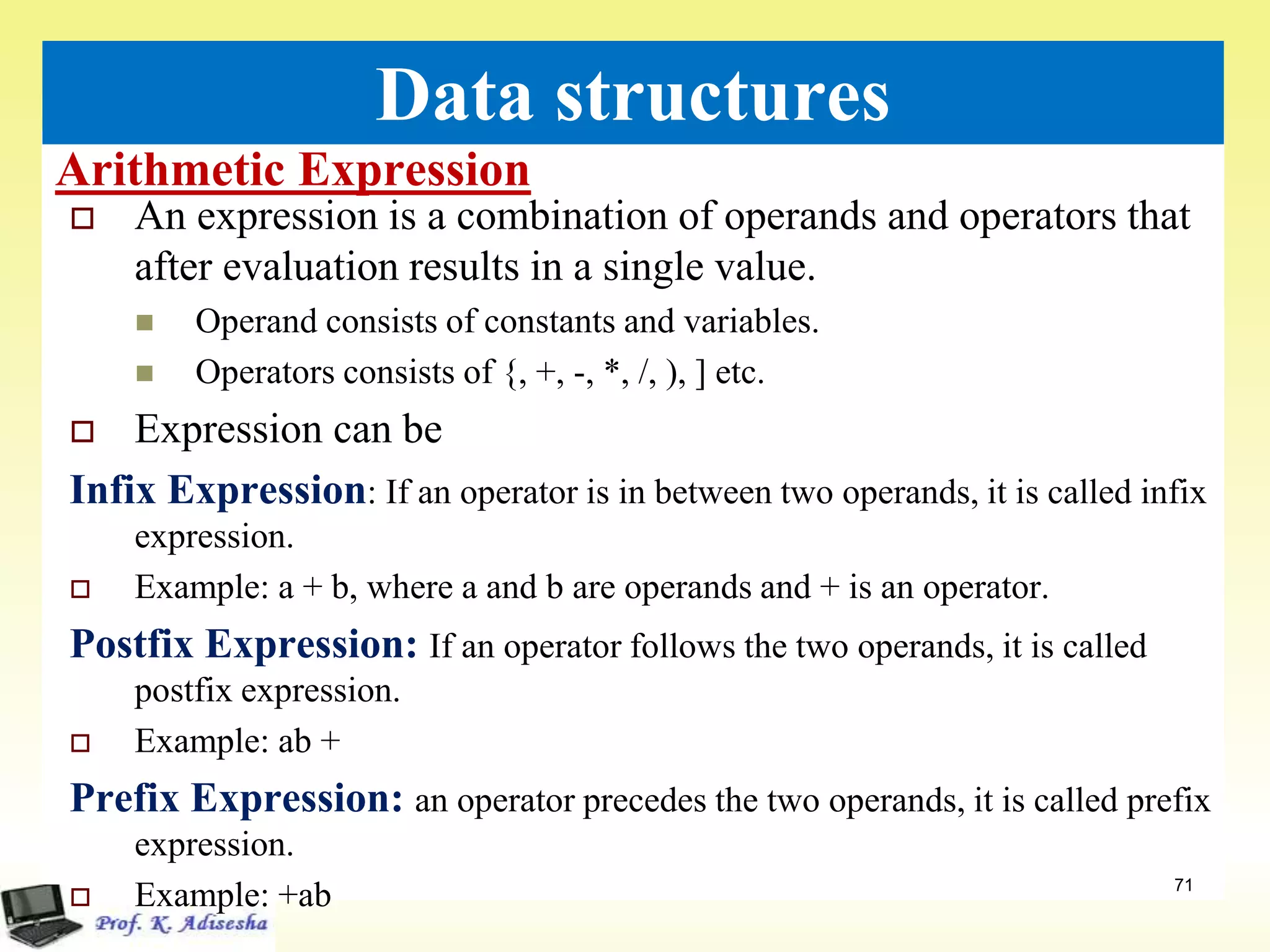Arithmetic Expression
71
Data structures
 An expression is a combination of operands and operators that
after evaluation results in a single value.
 Operand consists of constants and variables.
 Operators consists of {, +, -, *, /, ), ] etc.
 Expression can be
Infix Expression: If an operator is in between two operands, it is called infix
expression.
 Example: a + b, where a and b are operands and + is an operator.
Postfix Expression: If an operator follows the two operands, it is called
postfix expression.
 Example: ab +
Prefix Expression: an operator precedes the two operands, it is called prefix
expression.
 Example: +ab
 