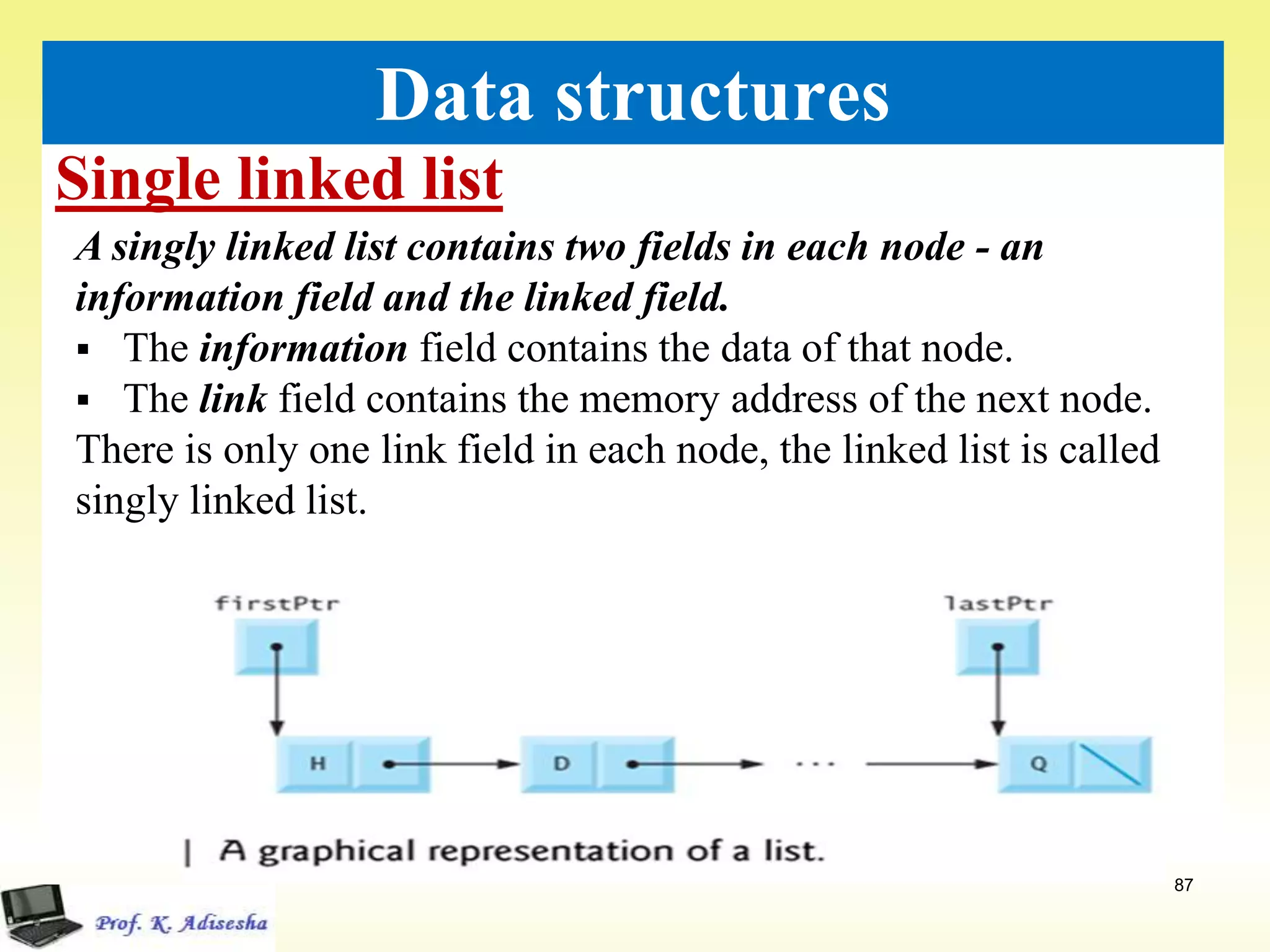 Single linked list
87
Data structures
A singly linked list contains two fields in each node - an
information field and the linked field.
 The information field contains the data of that node.
 The link field contains the memory address of the next node.
There is only one link field in each node, the linked list is called
singly linked list.
 