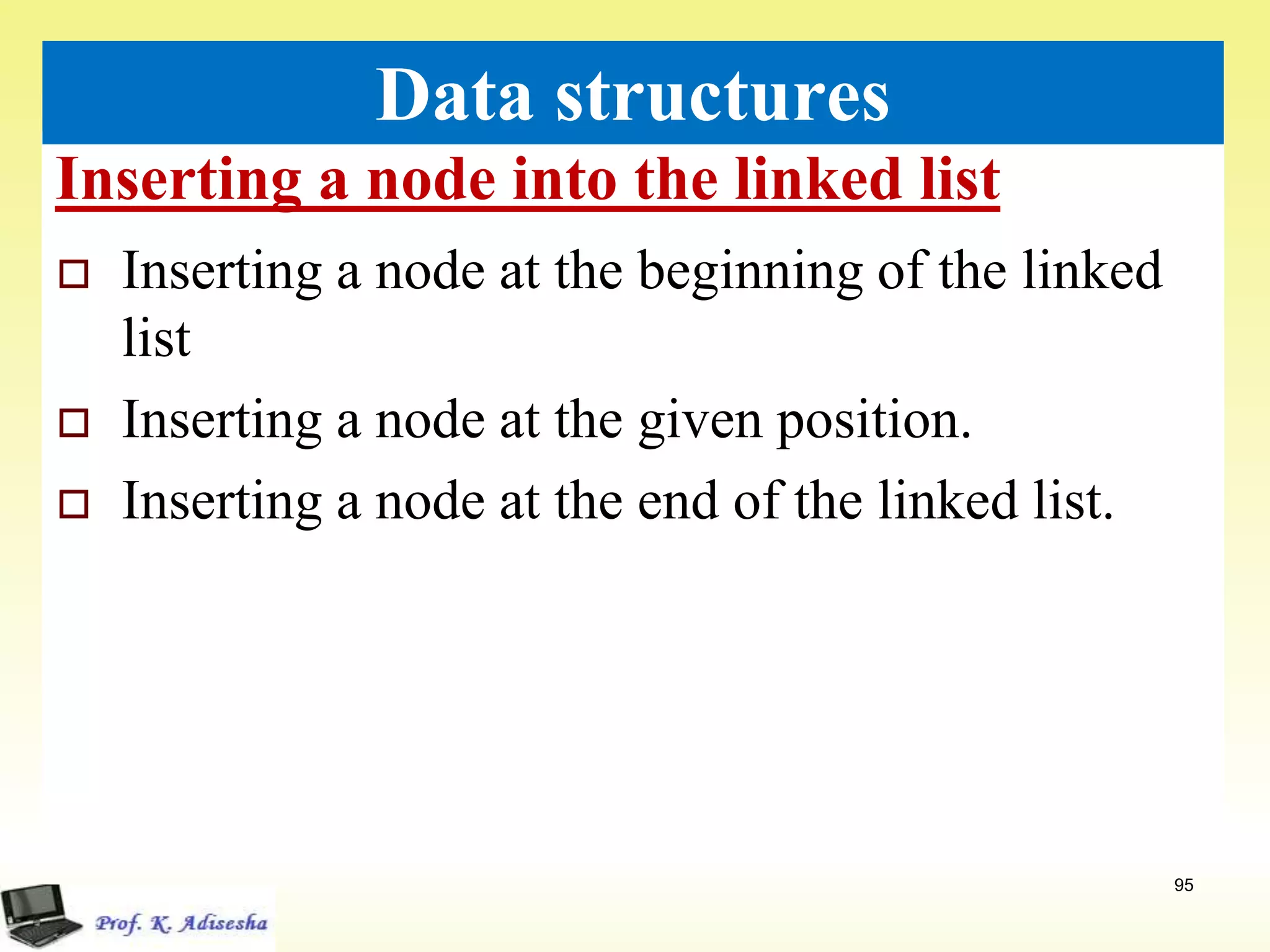 Inserting a node into the linked list
95
Data structures
 Inserting a node at the beginning of the linked
list
 Inserting a node at the given position.
 Inserting a node at the end of the linked list.
 
