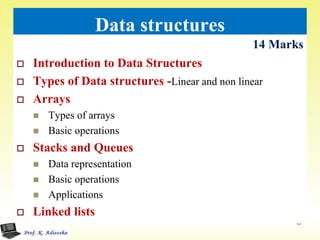 Data structures
14 Marks
13
 Introduction to Data Structures
 Types of Data structures -Linear and non linear
 Arrays
 Types of arrays
 Basic operations
 Stacks and Queues
 Data representation
 Basic operations
 Applications
 Linked lists
 