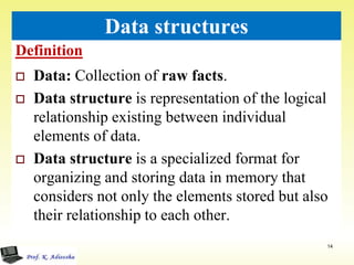 Definition
14
Data structures
 Data: Collection of raw facts.
 Data structure is representation of the logical
relationship existing between individual
elements of data.
 Data structure is a specialized format for
organizing and storing data in memory that
considers not only the elements stored but also
their relationship to each other.
 