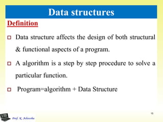 Definition
15
Data structures
 Data structure affects the design of both structural
& functional aspects of a program.
 A algorithm is a step by step procedure to solve a
particular function.
 Program=algorithm + Data Structure
 