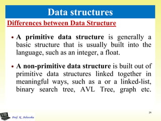 Differences between Data Structure
24
Data structures
 A primitive data structure is generally a
basic structure that is usually built into the
language, such as an integer, a float.
 A non-primitive data structure is built out of
primitive data structures linked together in
meaningful ways, such as a or a linked-list,
binary search tree, AVL Tree, graph etc.
 