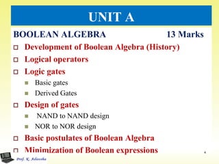 UNIT A
BOOLEAN ALGEBRA 13 Marks
 Development of Boolean Algebra (History)
 Logical operators
 Logic gates
 Basic gates
 Derived Gates
 Design of gates
 NAND to NAND design
 NOR to NOR design
 Basic postulates of Boolean Algebra
 Minimization of Boolean expressions 4
 