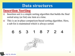 Insertion Sorting
49
Data structures
 Insertion sort is a simple sorting algorithm that builds the final
sorted array (or list) one item at a time.
 This is an in-place comparison-based sorting algorithm. Here,
a sub-list is maintained which is always sorted.
 