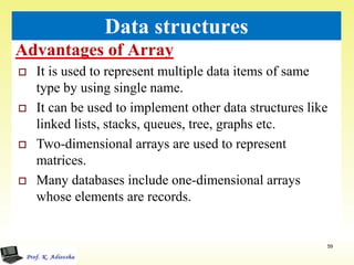 Advantages of Array
59
Data structures
 It is used to represent multiple data items of same
type by using single name.
 It can be used to implement other data structures like
linked lists, stacks, queues, tree, graphs etc.
 Two-dimensional arrays are used to represent
matrices.
 Many databases include one-dimensional arrays
whose elements are records.
 
