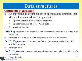 Arithmetic Expression
71
Data structures
 An expression is a combination of operands and operators that
after evaluation results in a single value.
 Operand consists of constants and variables.
 Operators consists of {, +, -, *, /, ), ] etc.
 Expression can be
Infix Expression: If an operator is in between two operands, it is called infix
expression.
 Example: a + b, where a and b are operands and + is an operator.
Postfix Expression: If an operator follows the two operands, it is called
postfix expression.
 Example: ab +
Prefix Expression: an operator precedes the two operands, it is called prefix
expression.
 Example: +ab
 
