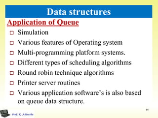 Application of Queue
84
Data structures
 Simulation
 Various features of Operating system
 Multi-programming platform systems.
 Different types of scheduling algorithms
 Round robin technique algorithms
 Printer server routines
 Various application software’s is also based
on queue data structure.
 