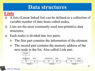 Lists
85
Data structures
 A lists (Linear linked list) can be defined as a collection of
variable number of data items called nodes.
 Lists are the most commonly used non-primitive data
structures.
 Each nodes is divided into two parts:
 The first part contains the information of the element.
 The second part contains the memory address of the
next node in the list. Also called Link part.
 
