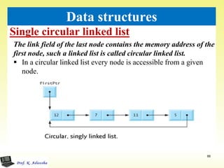 Single circular linked list
88
Data structures
The link field of the last node contains the memory address of the
first node, such a linked list is called circular linked list.
 In a circular linked list every node is accessible from a given
node.
 