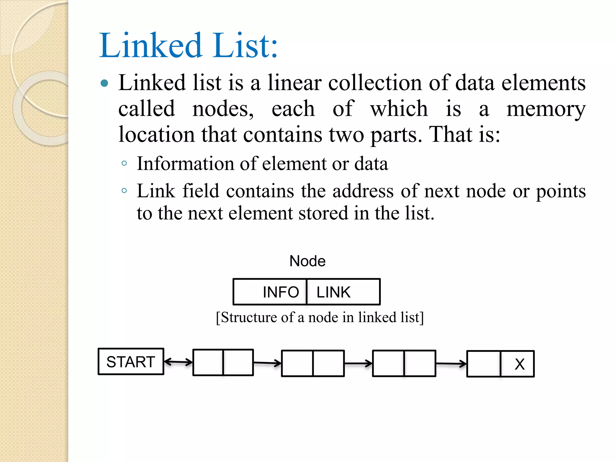 Linked List:  Linked list is a linear collection of data elements called nodes, each of which is a memory location that contains two parts. That is: ◦ Information of element or data ◦ Link field contains the address of next node or points to the next element stored in the list. INFO LINK Node XSTART [Structure of a node in linked list] 