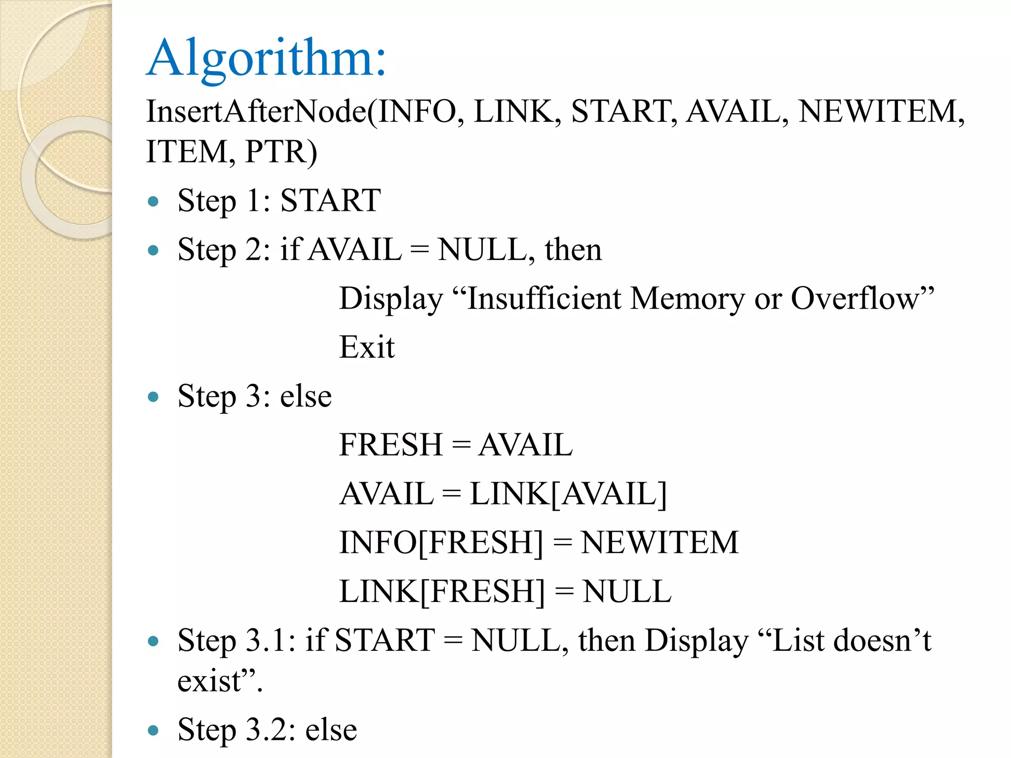 Algorithm: InsertAfterNode(INFO, LINK, START, AVAIL, NEWITEM, ITEM, PTR)  Step 1: START  Step 2: if AVAIL = NULL, then Display “Insufficient Memory or Overflow” Exit  Step 3: else FRESH = AVAIL AVAIL = LINK[AVAIL] INFO[FRESH] = NEWITEM LINK[FRESH] = NULL  Step 3.1: if START = NULL, then Display “List doesn’t exist”.  Step 3.2: else 