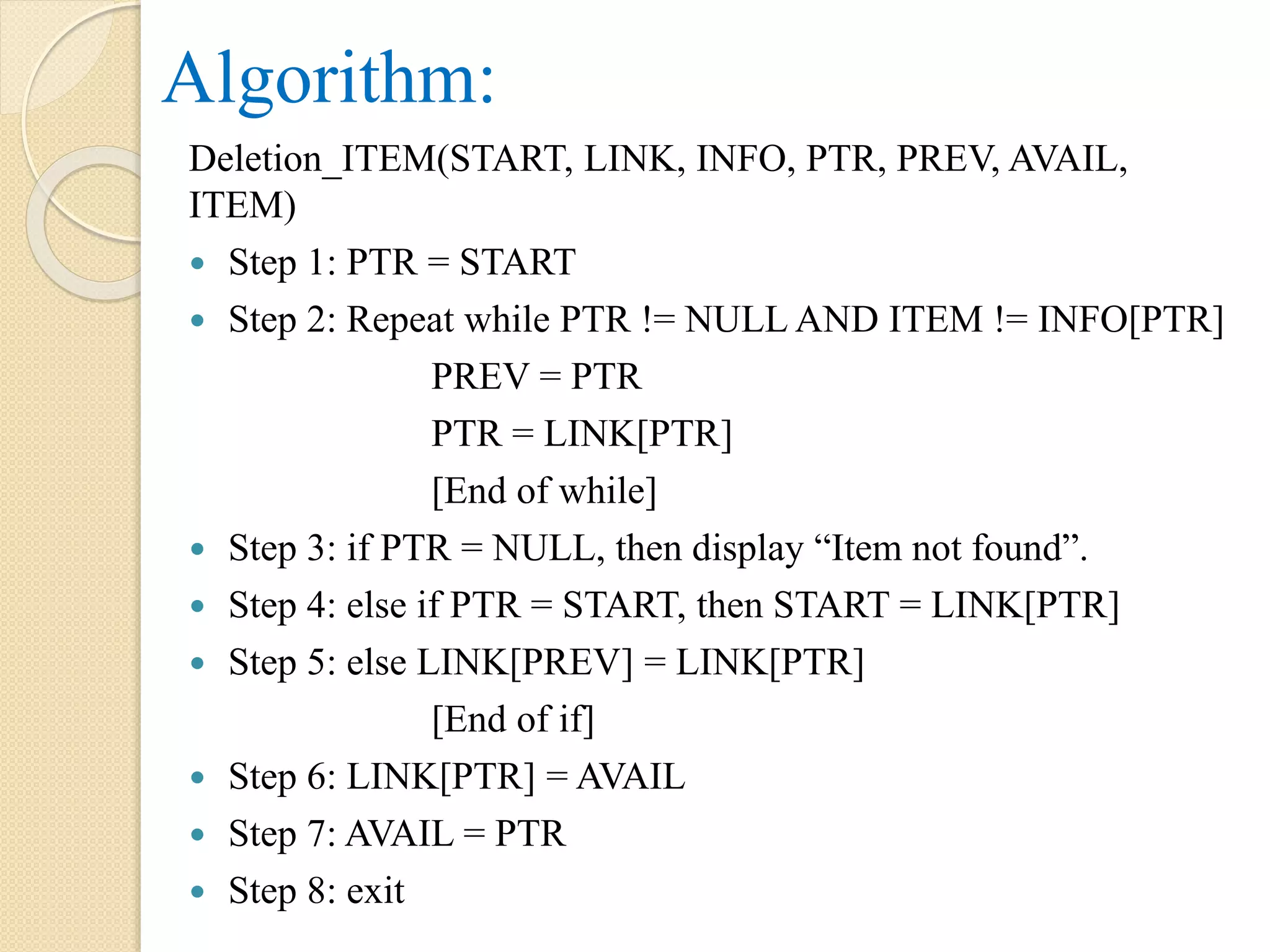Algorithm: Deletion_ITEM(START, LINK, INFO, PTR, PREV, AVAIL, ITEM)  Step 1: PTR = START  Step 2: Repeat while PTR != NULL AND ITEM != INFO[PTR] PREV = PTR PTR = LINK[PTR] [End of while]  Step 3: if PTR = NULL, then display “Item not found”.  Step 4: else if PTR = START, then START = LINK[PTR]  Step 5: else LINK[PREV] = LINK[PTR] [End of if]  Step 6: LINK[PTR] = AVAIL  Step 7: AVAIL = PTR  Step 8: exit 