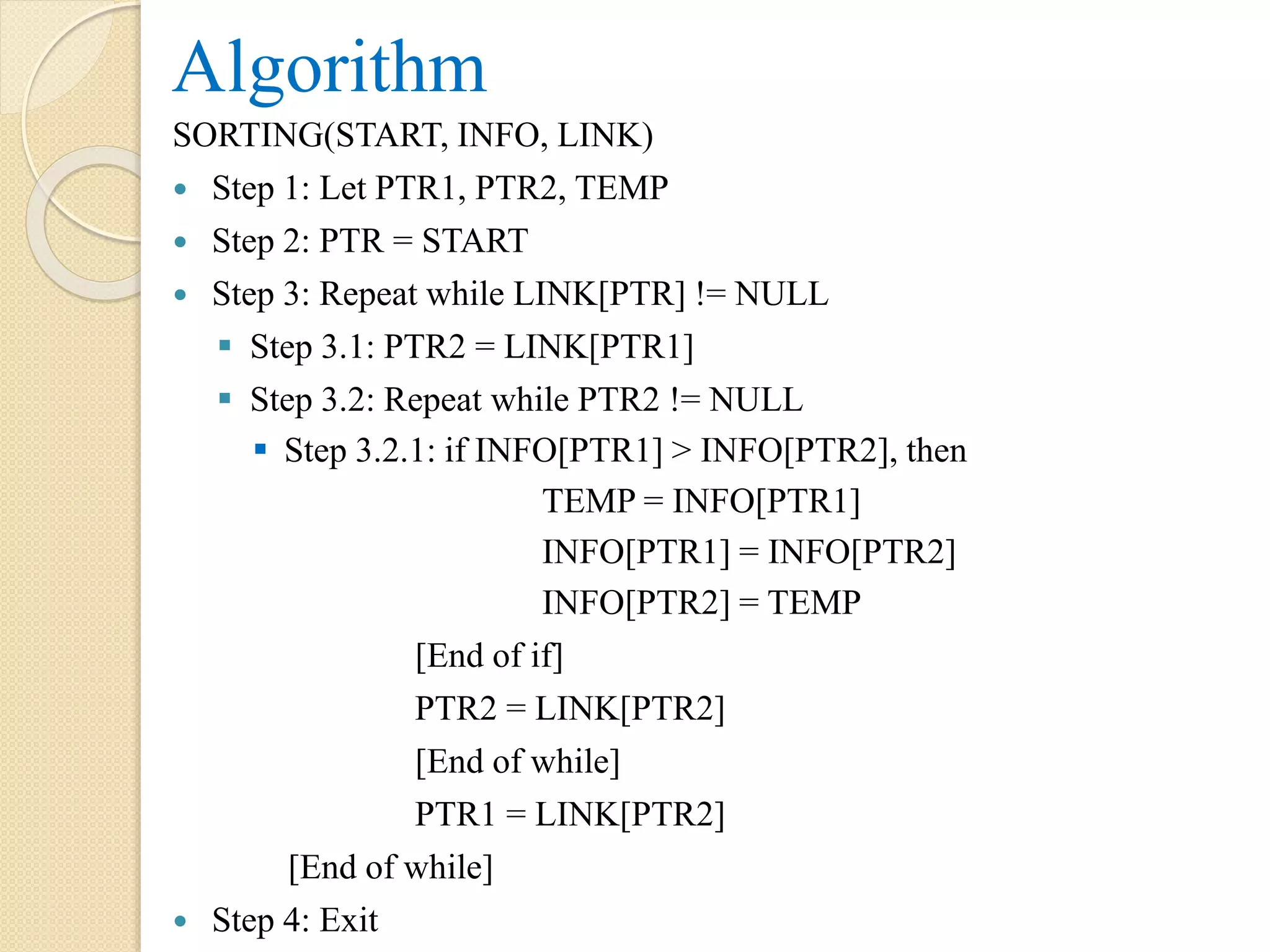 Algorithm SORTING(START, INFO, LINK)  Step 1: Let PTR1, PTR2, TEMP  Step 2: PTR = START  Step 3: Repeat while LINK[PTR] != NULL  Step 3.1: PTR2 = LINK[PTR1]  Step 3.2: Repeat while PTR2 != NULL  Step 3.2.1: if INFO[PTR1] > INFO[PTR2], then TEMP = INFO[PTR1] INFO[PTR1] = INFO[PTR2] INFO[PTR2] = TEMP [End of if] PTR2 = LINK[PTR2] [End of while] PTR1 = LINK[PTR2] [End of while]  Step 4: Exit 