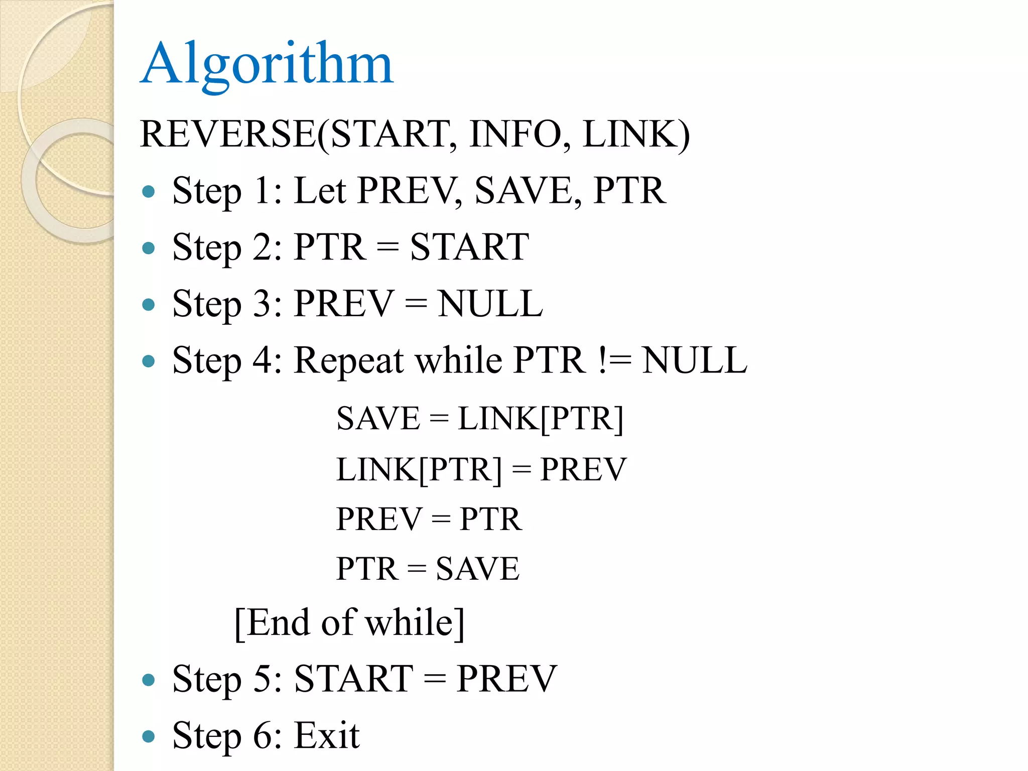 Algorithm REVERSE(START, INFO, LINK)  Step 1: Let PREV, SAVE, PTR  Step 2: PTR = START  Step 3: PREV = NULL  Step 4: Repeat while PTR != NULL SAVE = LINK[PTR] LINK[PTR] = PREV PREV = PTR PTR = SAVE [End of while]  Step 5: START = PREV  Step 6: Exit 