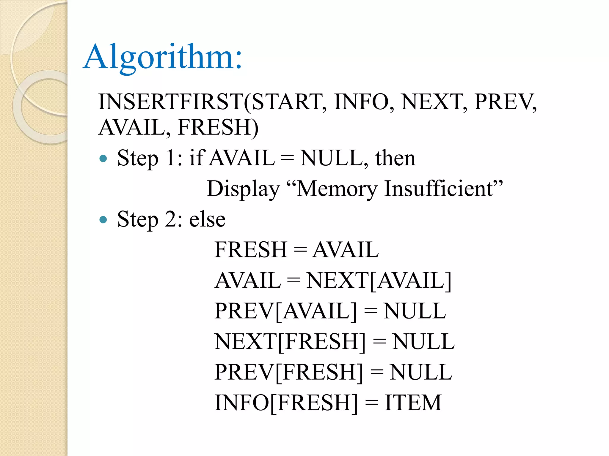 Algorithm: INSERTFIRST(START, INFO, NEXT, PREV, AVAIL, FRESH)  Step 1: if AVAIL = NULL, then Display “Memory Insufficient”  Step 2: else FRESH = AVAIL AVAIL = NEXT[AVAIL] PREV[AVAIL] = NULL NEXT[FRESH] = NULL PREV[FRESH] = NULL INFO[FRESH] = ITEM 