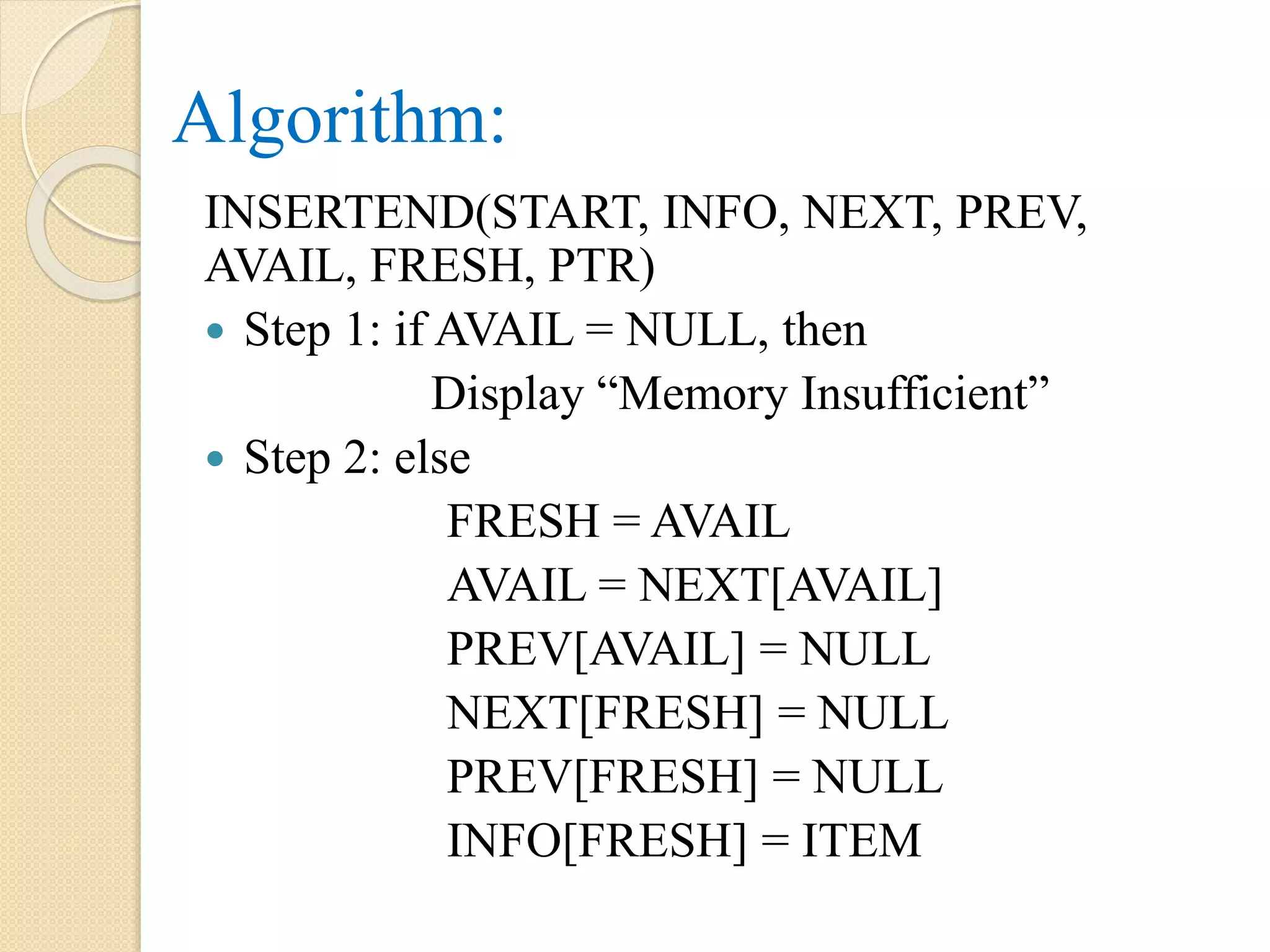 Algorithm: INSERTEND(START, INFO, NEXT, PREV, AVAIL, FRESH, PTR)  Step 1: if AVAIL = NULL, then Display “Memory Insufficient”  Step 2: else FRESH = AVAIL AVAIL = NEXT[AVAIL] PREV[AVAIL] = NULL NEXT[FRESH] = NULL PREV[FRESH] = NULL INFO[FRESH] = ITEM 