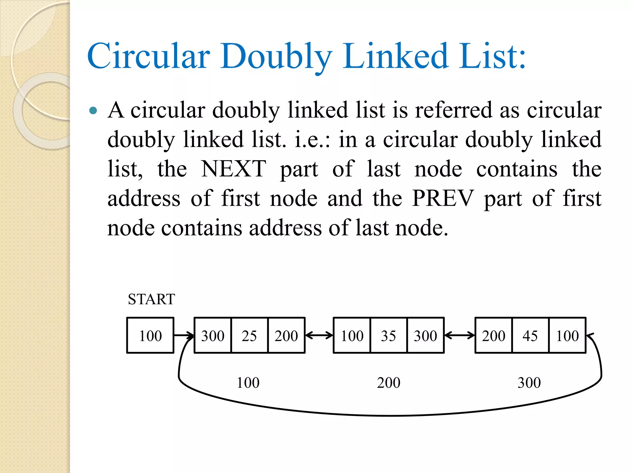 Circular Doubly Linked List:  A circular doubly linked list is referred as circular doubly linked list. i.e.: in a circular doubly linked list, the NEXT part of last node contains the address of first node and the PREV part of first node contains address of last node. START 100 300 25 200 200 45 100100 35 300 100 200 300 