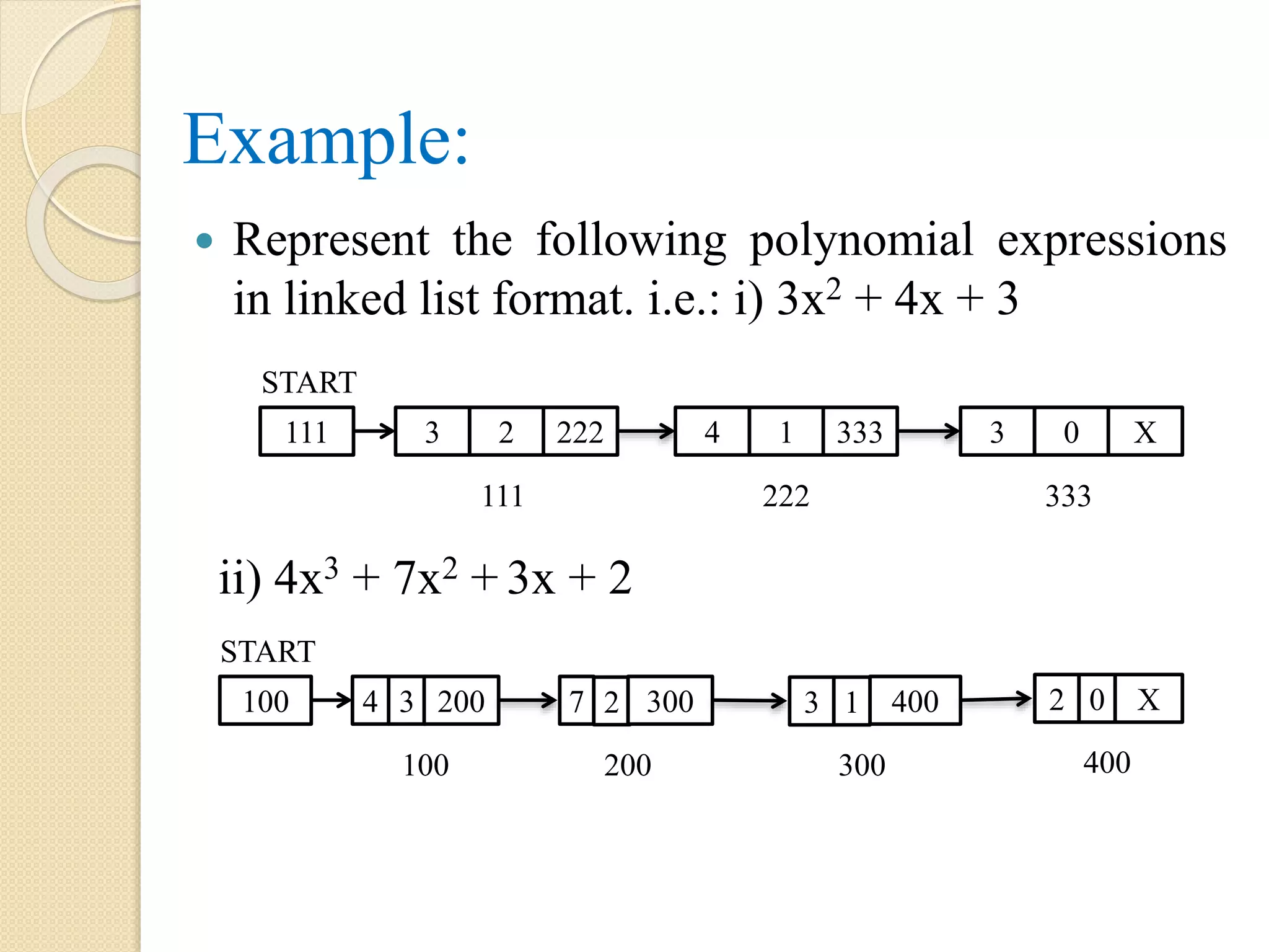 Example:  Represent the following polynomial expressions in linked list format. i.e.: i) 3x2 + 4x + 3 ii) 4x3 + 7x2 + 3x + 2 START 111 3 2 222 3 0 X4 1 333 111 222 333 START 100 4 3 200 3 1 4007 2 300 100 200 300 2 0 X 400 