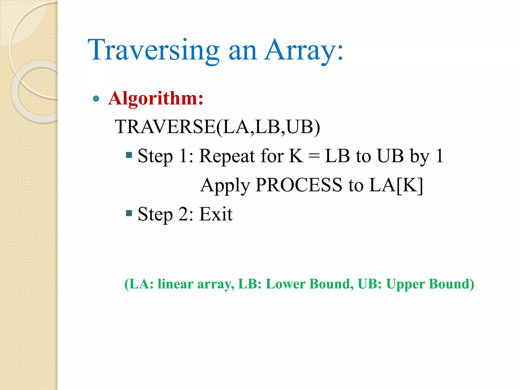 Traversing an Array:  Algorithm: TRAVERSE(LA,LB,UB)  Step 1: Repeat for K = LB to UB by 1 Apply PROCESS to LA[K]  Step 2: Exit (LA: linear array, LB: Lower Bound, UB: Upper Bound) 
