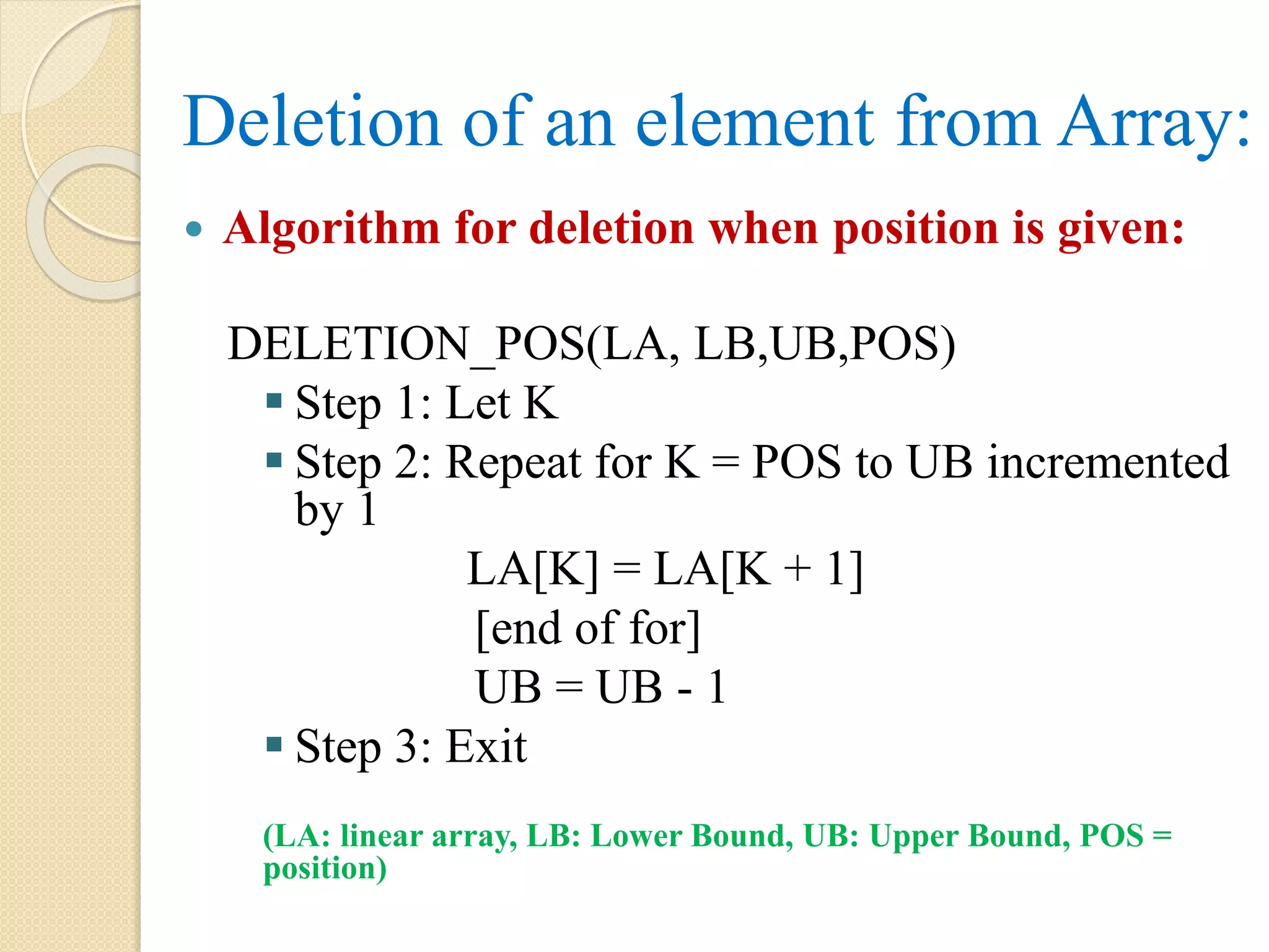 Deletion of an element from Array:  Algorithm for deletion when position is given: DELETION_POS(LA, LB,UB,POS)  Step 1: Let K  Step 2: Repeat for K = POS to UB incremented by 1 LA[K] = LA[K + 1] [end of for] UB = UB - 1  Step 3: Exit (LA: linear array, LB: Lower Bound, UB: Upper Bound, POS = position) 