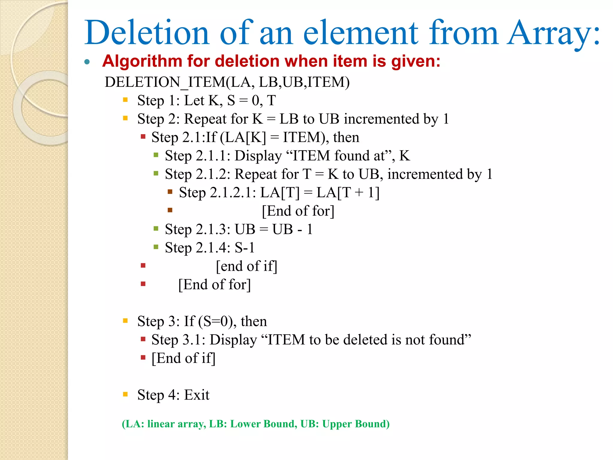 Deletion of an element from Array:  Algorithm for deletion when item is given: DELETION_ITEM(LA, LB,UB,ITEM)  Step 1: Let K, S = 0, T  Step 2: Repeat for K = LB to UB incremented by 1  Step 2.1:If (LA[K] = ITEM), then  Step 2.1.1: Display “ITEM found at”, K  Step 2.1.2: Repeat for T = K to UB, incremented by 1  Step 2.1.2.1: LA[T] = LA[T + 1]  [End of for]  Step 2.1.3: UB = UB - 1  Step 2.1.4: S-1  [end of if]  [End of for]  Step 3: If (S=0), then  Step 3.1: Display “ITEM to be deleted is not found”  [End of if]  Step 4: Exit (LA: linear array, LB: Lower Bound, UB: Upper Bound) 
