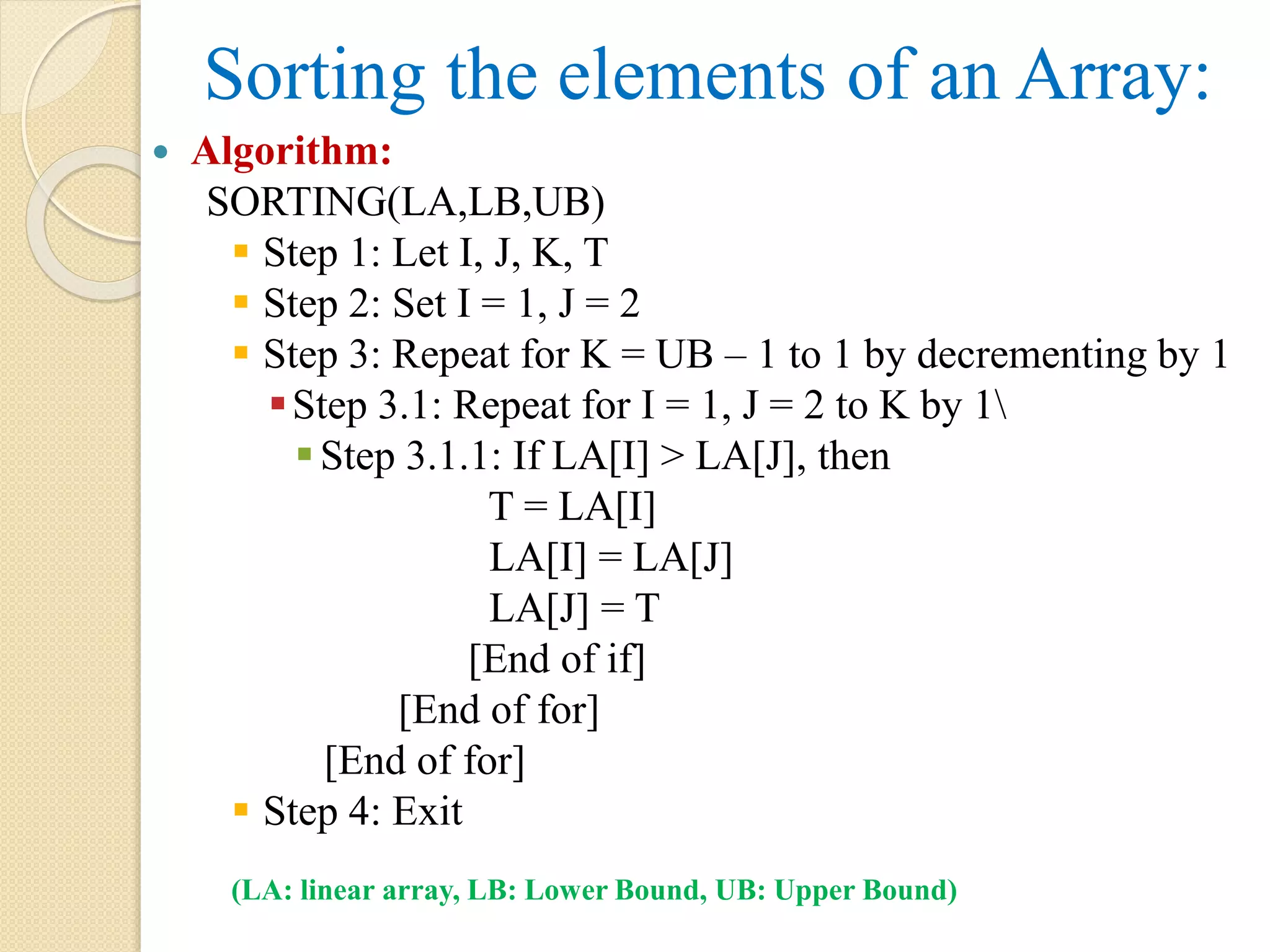 Sorting the elements of an Array:  Algorithm: SORTING(LA,LB,UB)  Step 1: Let I, J, K, T  Step 2: Set I = 1, J = 2  Step 3: Repeat for K = UB – 1 to 1 by decrementing by 1 Step 3.1: Repeat for I = 1, J = 2 to K by 1 Step 3.1.1: If LA[I] > LA[J], then T = LA[I] LA[I] = LA[J] LA[J] = T [End of if] [End of for] [End of for]  Step 4: Exit (LA: linear array, LB: Lower Bound, UB: Upper Bound) 