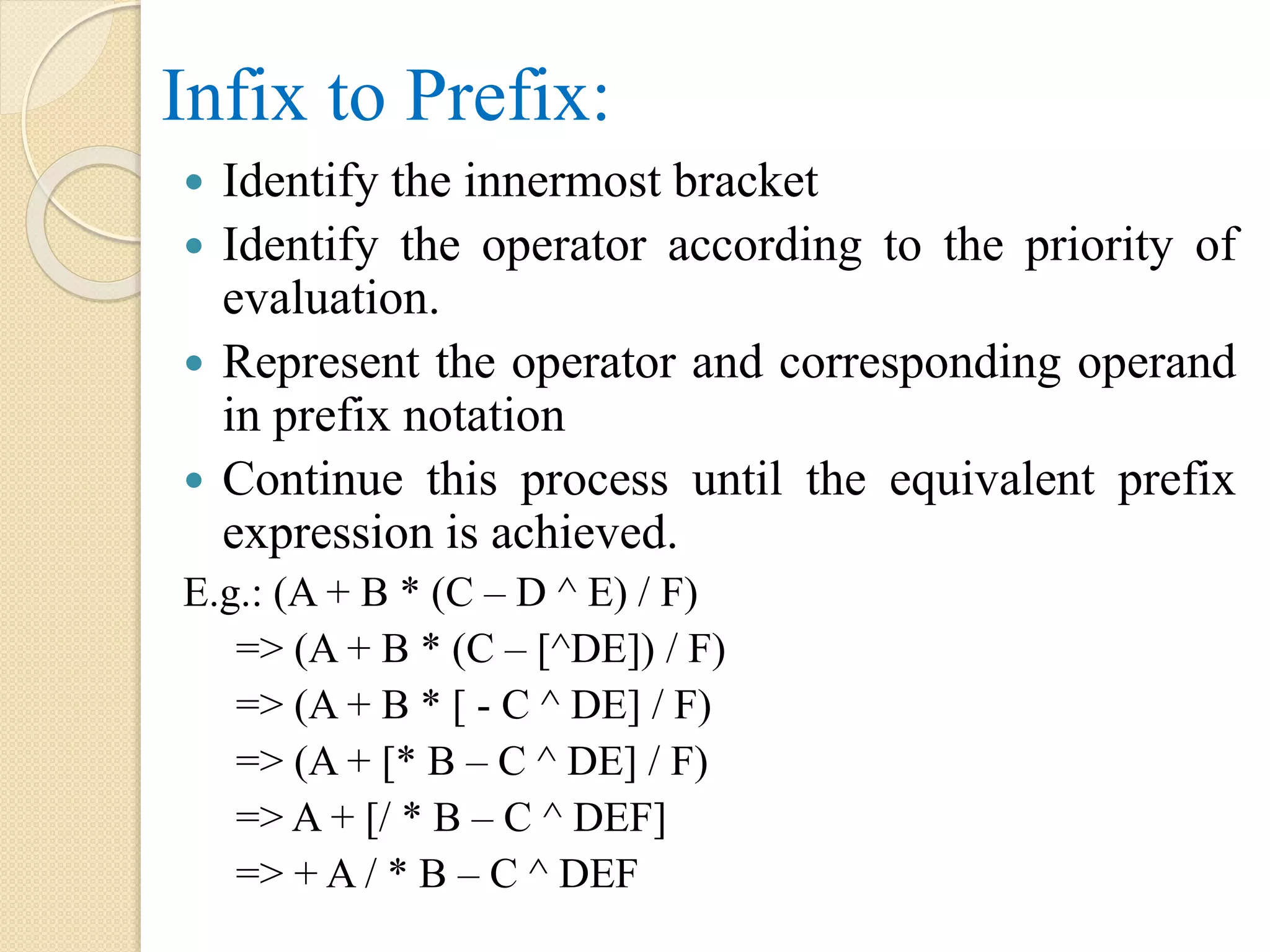 Infix to Prefix:  Identify the innermost bracket  Identify the operator according to the priority of evaluation.  Represent the operator and corresponding operand in prefix notation  Continue this process until the equivalent prefix expression is achieved. E.g.: (A + B * (C – D ^ E) / F) => (A + B * (C – [^DE]) / F) => (A + B * [ - C ^ DE] / F) => (A + [* B – C ^ DE] / F) => A + [/ * B – C ^ DEF] => + A / * B – C ^ DEF 