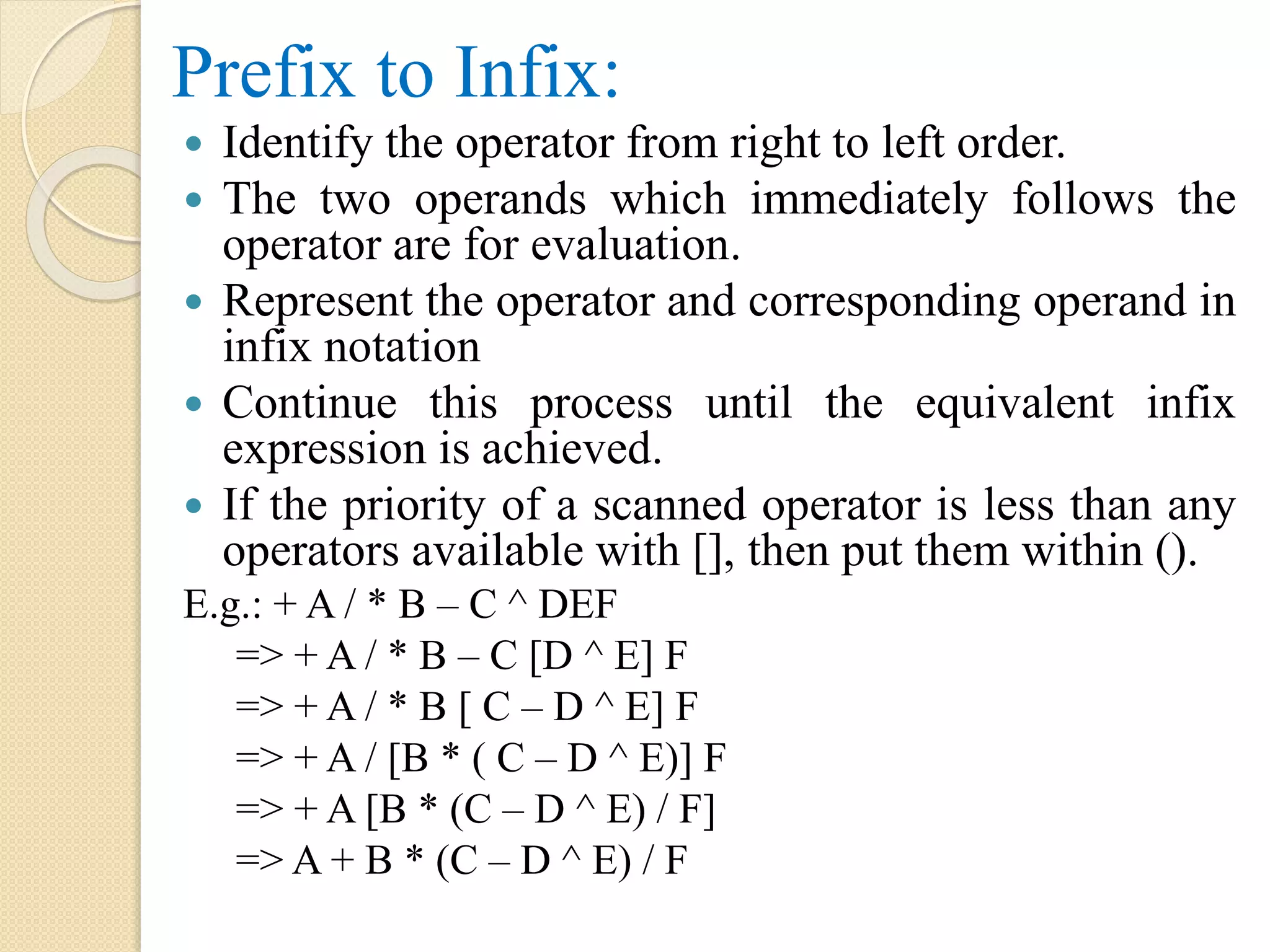 Prefix to Infix:  Identify the operator from right to left order.  The two operands which immediately follows the operator are for evaluation.  Represent the operator and corresponding operand in infix notation  Continue this process until the equivalent infix expression is achieved.  If the priority of a scanned operator is less than any operators available with [], then put them within (). E.g.: + A / * B – C ^ DEF => + A / * B – C [D ^ E] F => + A / * B [ C – D ^ E] F => + A / [B * ( C – D ^ E)] F => + A [B * (C – D ^ E) / F] => A + B * (C – D ^ E) / F 