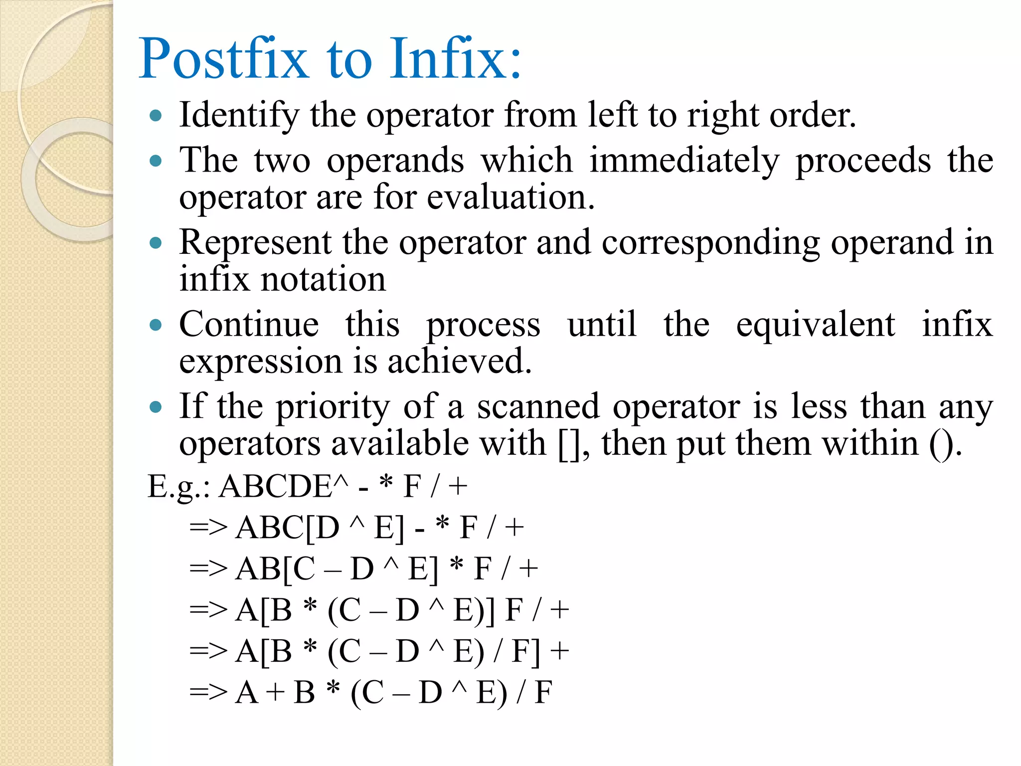 Postfix to Infix:  Identify the operator from left to right order.  The two operands which immediately proceeds the operator are for evaluation.  Represent the operator and corresponding operand in infix notation  Continue this process until the equivalent infix expression is achieved.  If the priority of a scanned operator is less than any operators available with [], then put them within (). E.g.: ABCDE^ - * F / + => ABC[D ^ E] - * F / + => AB[C – D ^ E] * F / + => A[B * (C – D ^ E)] F / + => A[B * (C – D ^ E) / F] + => A + B * (C – D ^ E) / F 