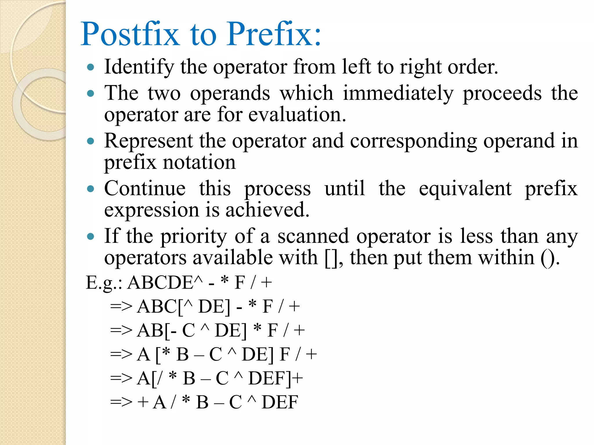 Postfix to Prefix:  Identify the operator from left to right order.  The two operands which immediately proceeds the operator are for evaluation.  Represent the operator and corresponding operand in prefix notation  Continue this process until the equivalent prefix expression is achieved.  If the priority of a scanned operator is less than any operators available with [], then put them within (). E.g.: ABCDE^ - * F / + => ABC[^ DE] - * F / + => AB[- C ^ DE] * F / + => A [* B – C ^ DE] F / + => A[/ * B – C ^ DEF]+ => + A / * B – C ^ DEF 