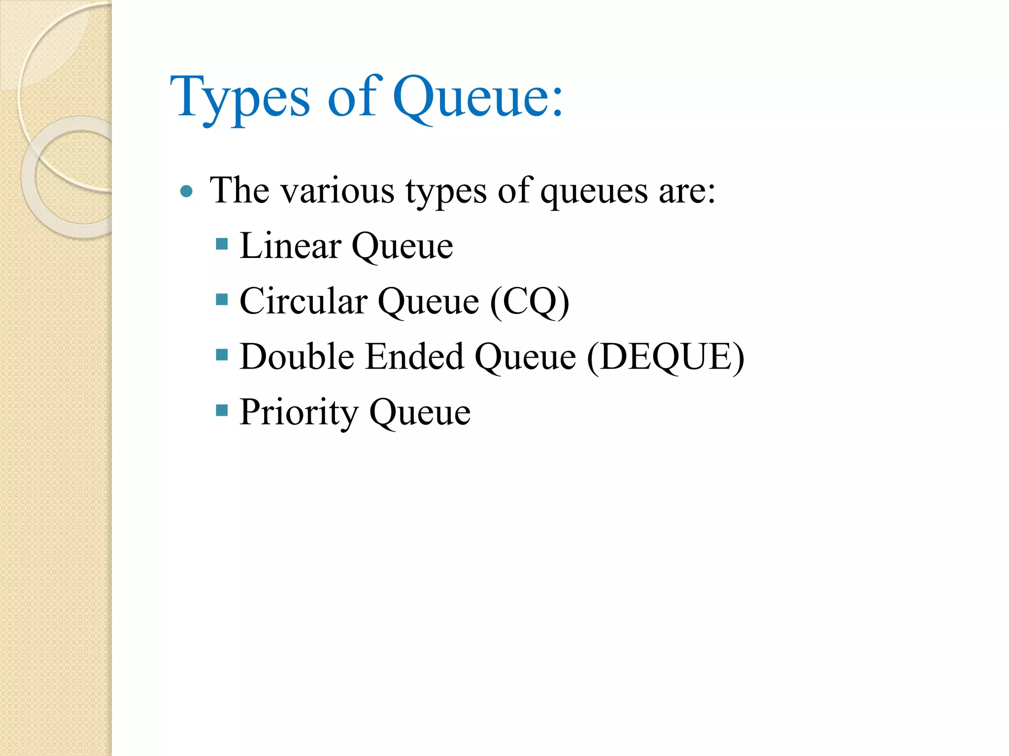 Types of Queue:  The various types of queues are:  Linear Queue  Circular Queue (CQ)  Double Ended Queue (DEQUE)  Priority Queue 